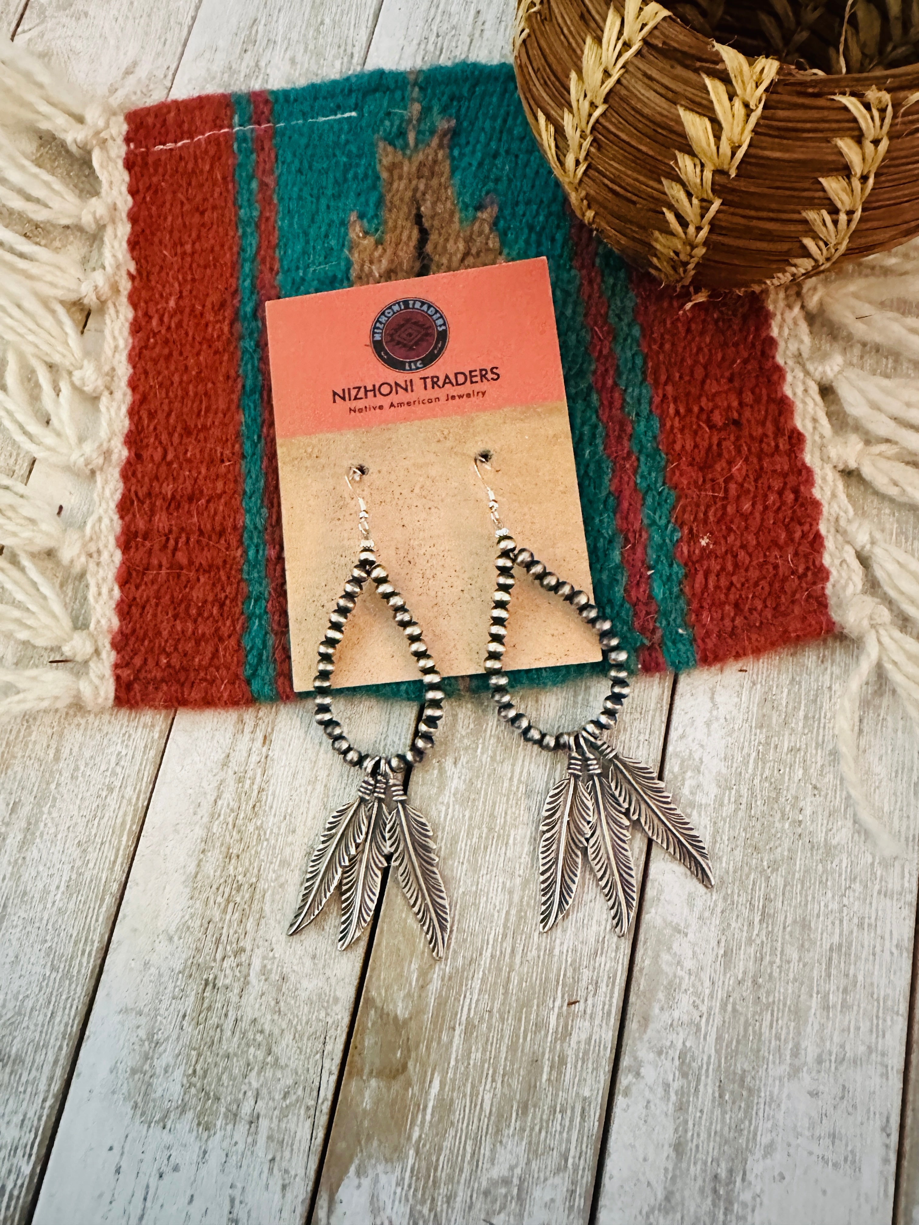 Handcrafted Sterling Silver Pearl Feather Beaded Hoop Earrings