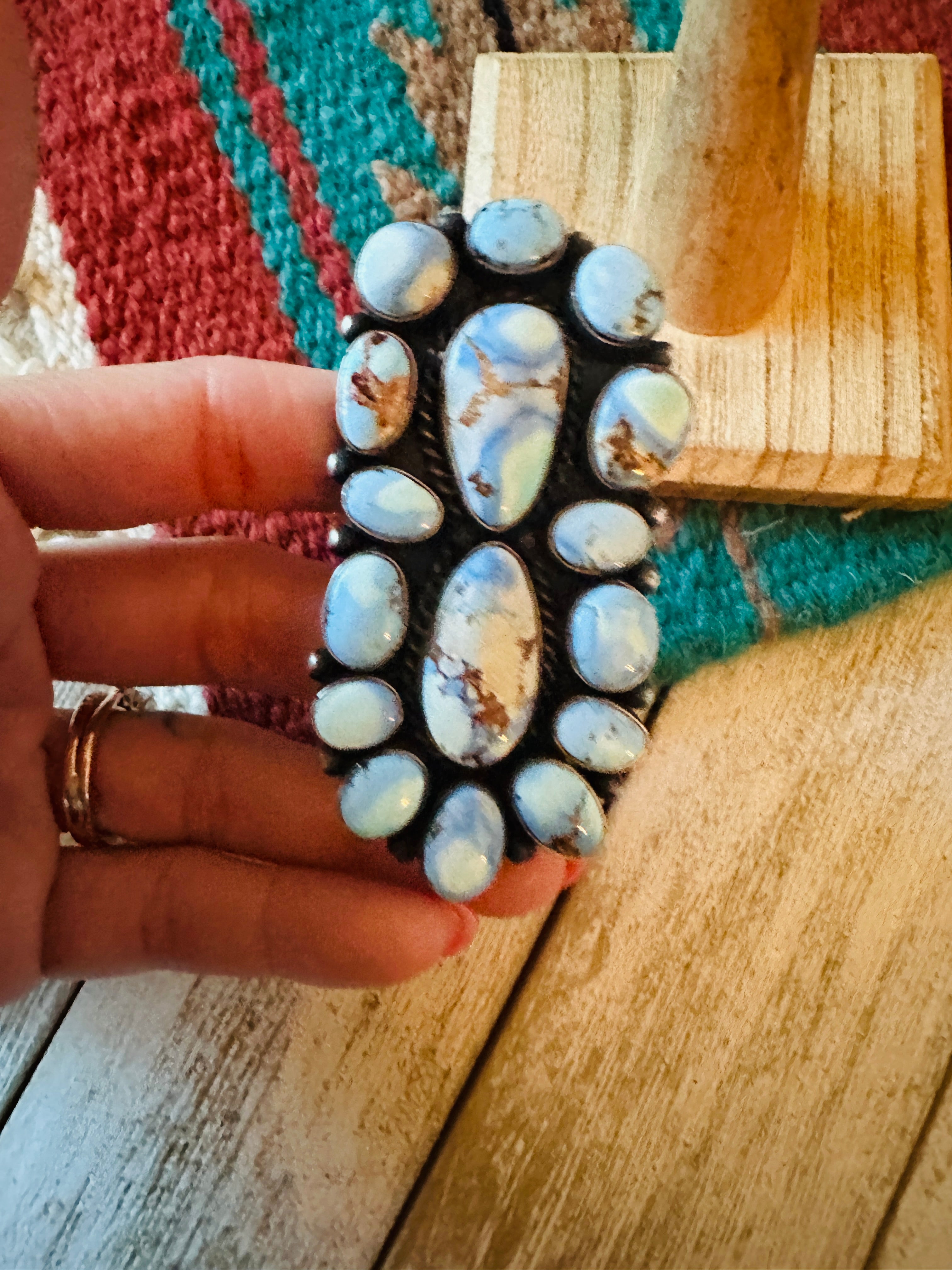 Navajo Golden Hills Turquoise & Sterling Silver Cluster Ring Size 9.25