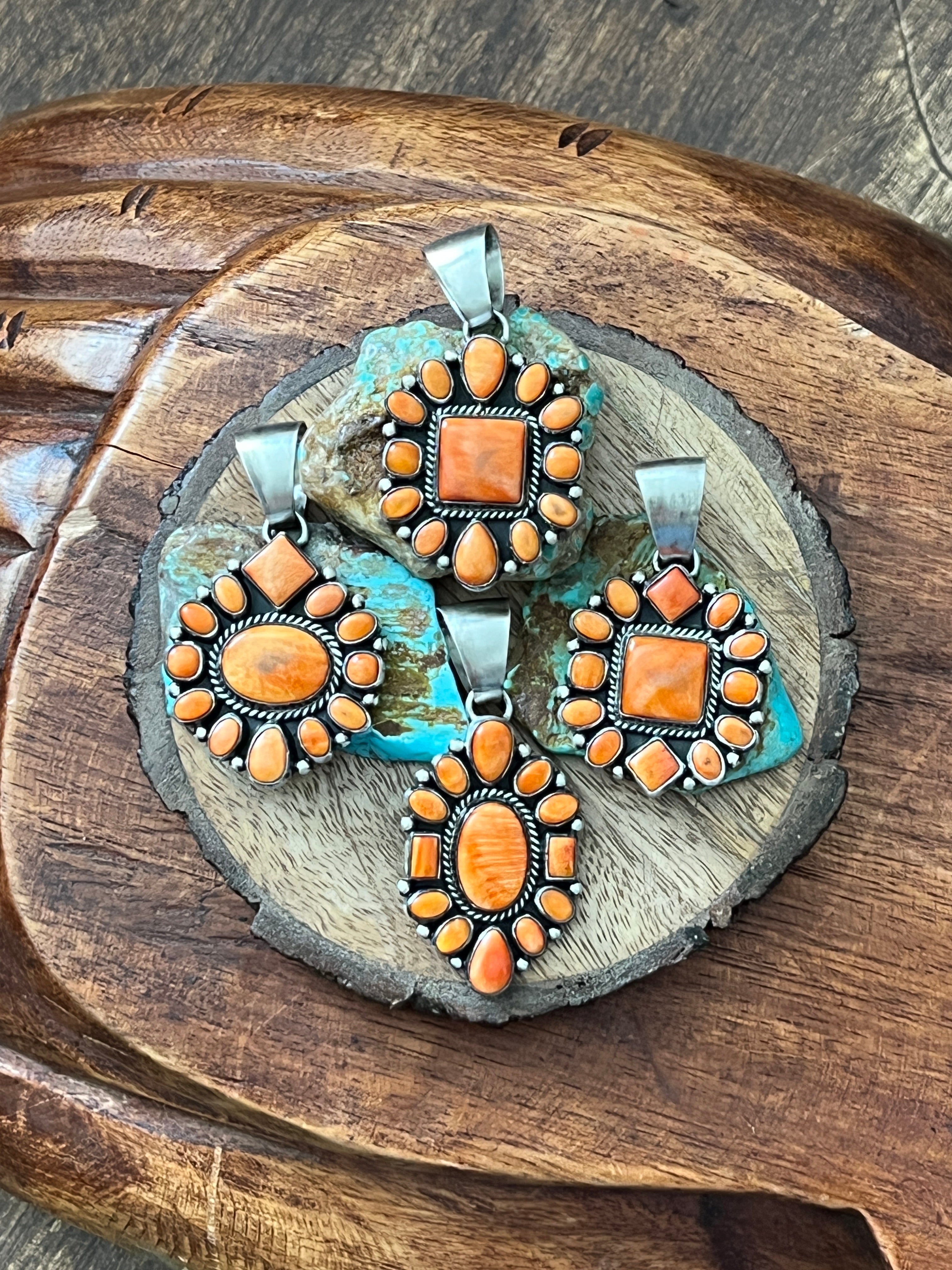 Handcrafted Sterling Silver and Burnt Spiny Oyster Shell Cluster Pendants by Loretta Delgarito