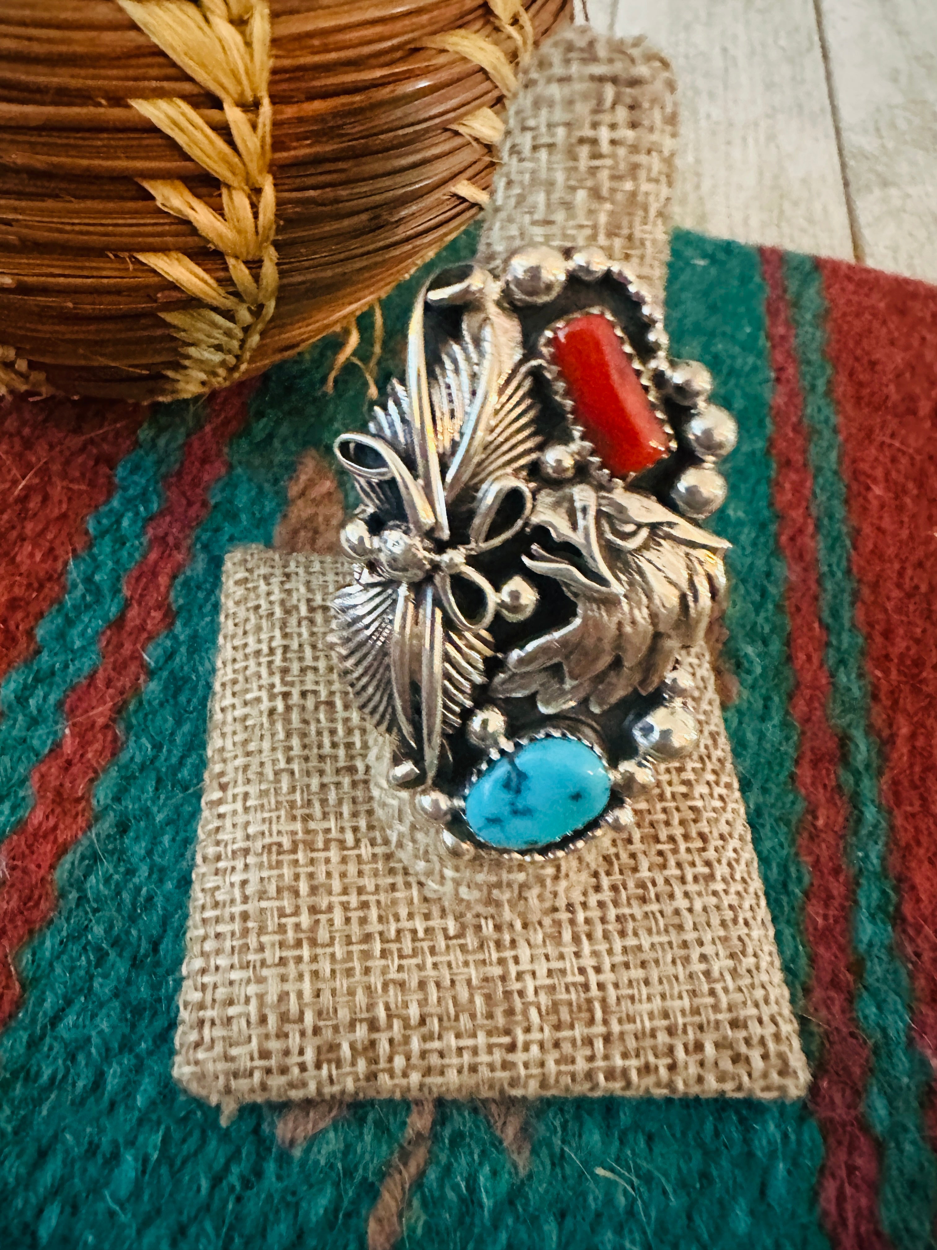 Handcrafted Turquoise, Coral & Sterling Silver Ring Size 9