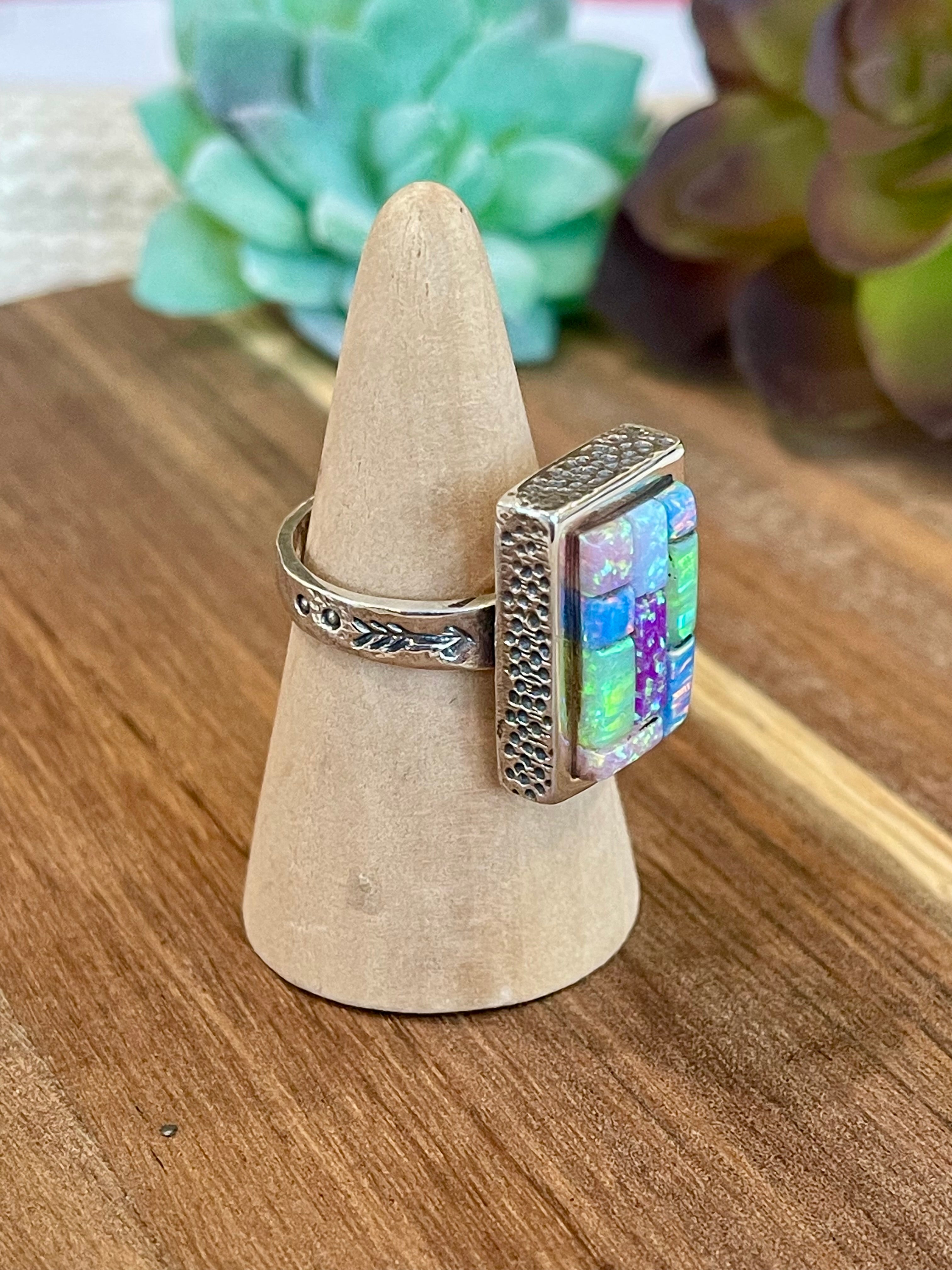 Handmade Sterling Silver & Multi Stone Inlay Ring Size 8.5