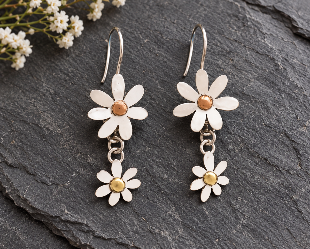 Sterling Silver & Copper Double Daisy Dangle Earrings