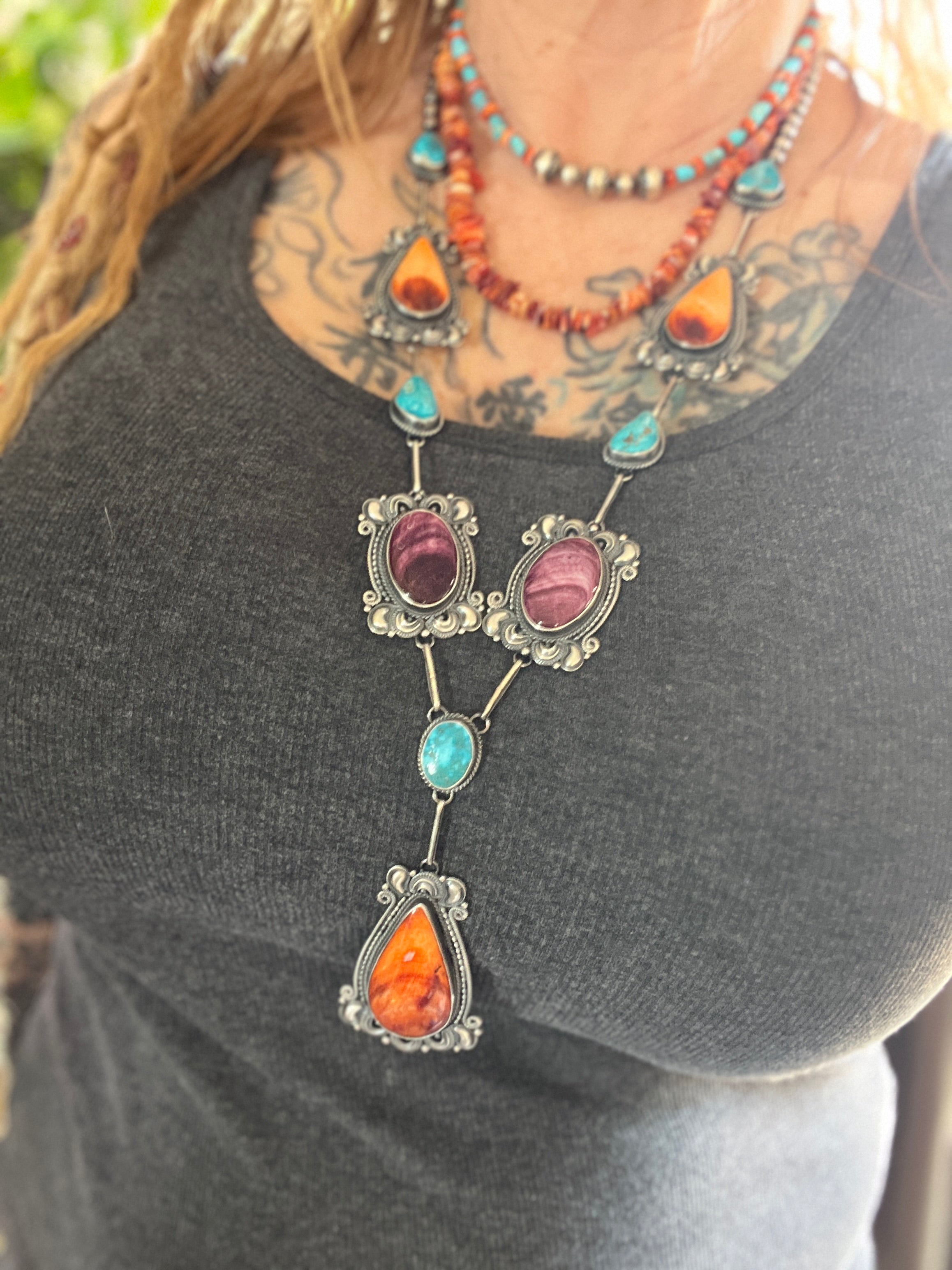 Handcrafted Sterling Silver, Spiny Oyster and Turquoise Link and Bead Necklace and Earrings Set by Derrick Gordon