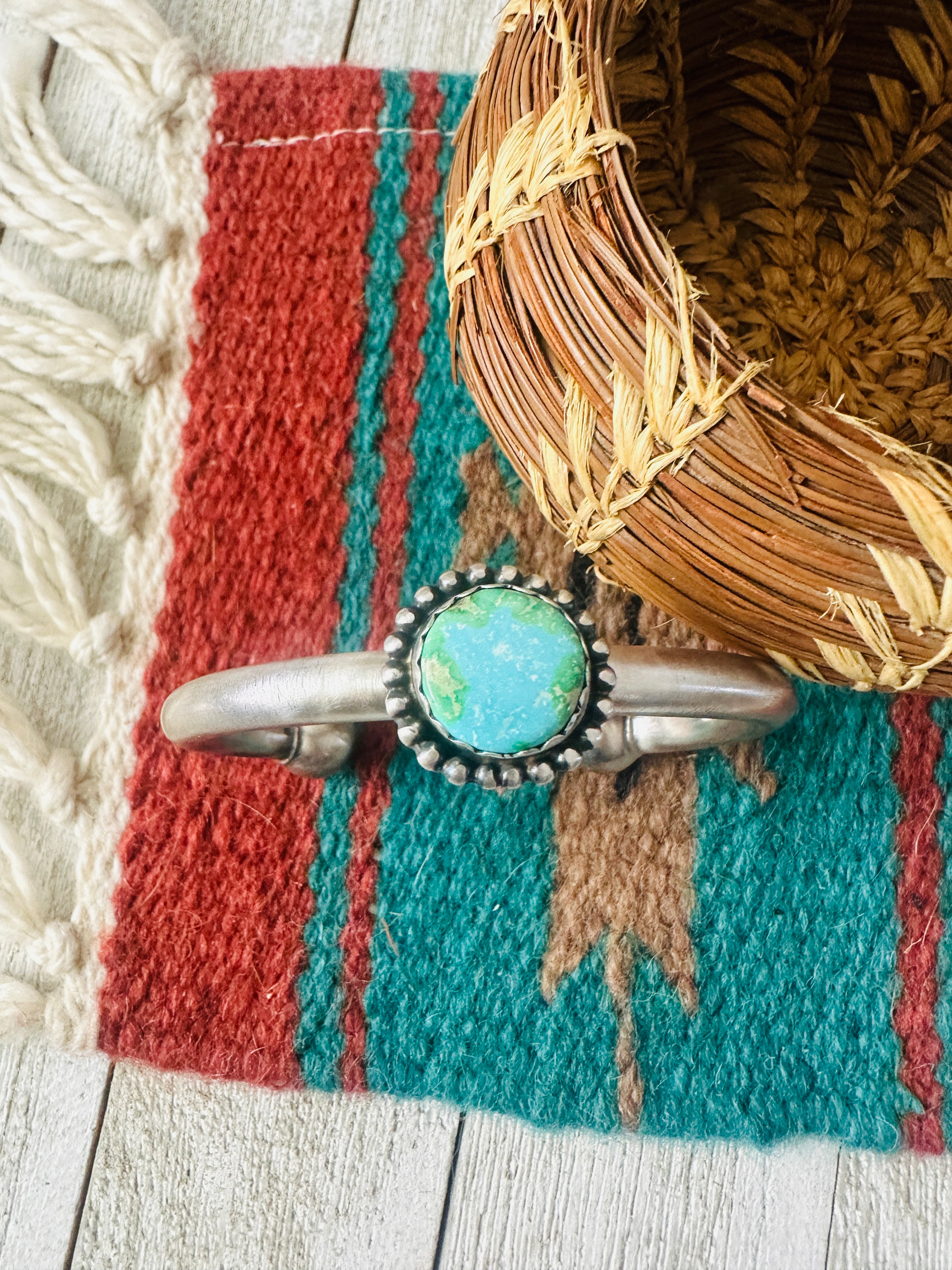 Handcrafted Sonoran Mountain Turquoise & Sterling Silver Cuff Bracelet by Russell Sam