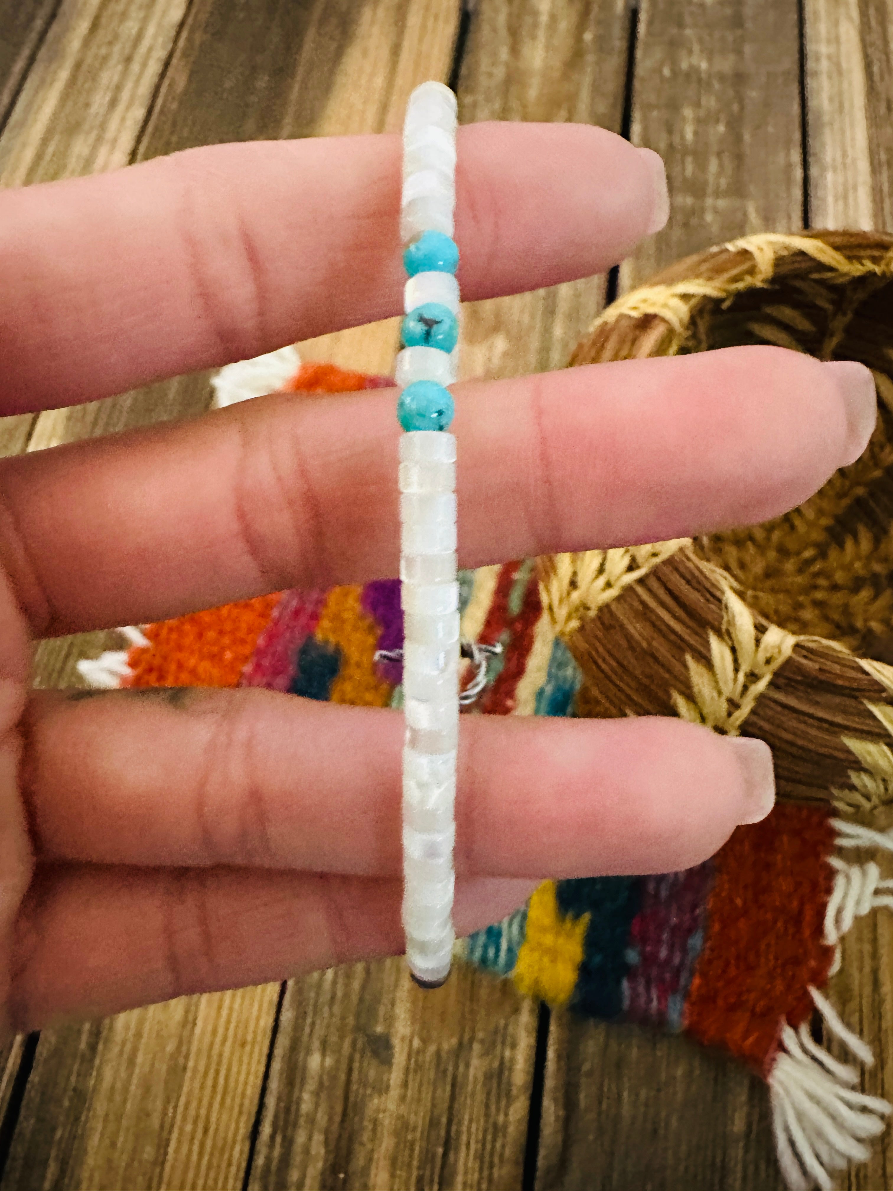 Handcrafted Turquoise, Mother of Pearl & Sterling Silver Pearl Beaded Bracelet