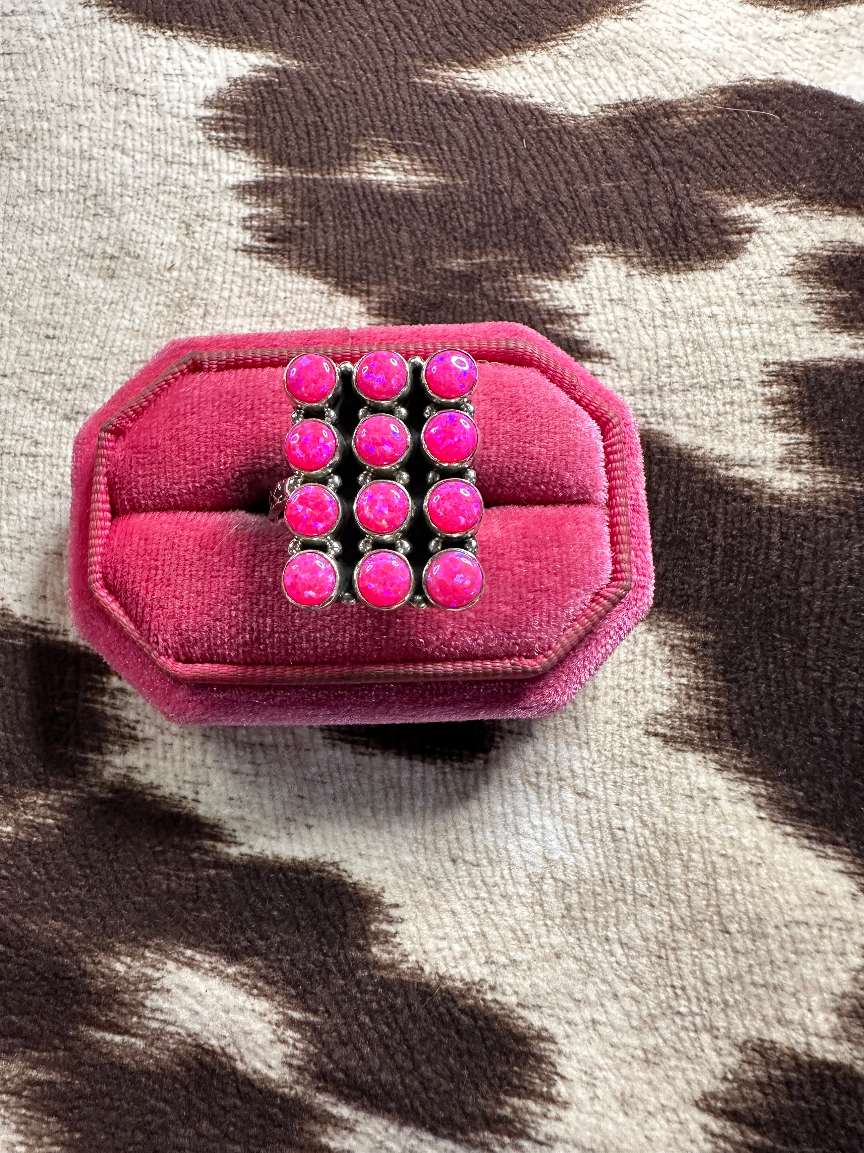 Handmade Adjustable Hot Pink Fire Opal Sterling Silver Rectangle Ring