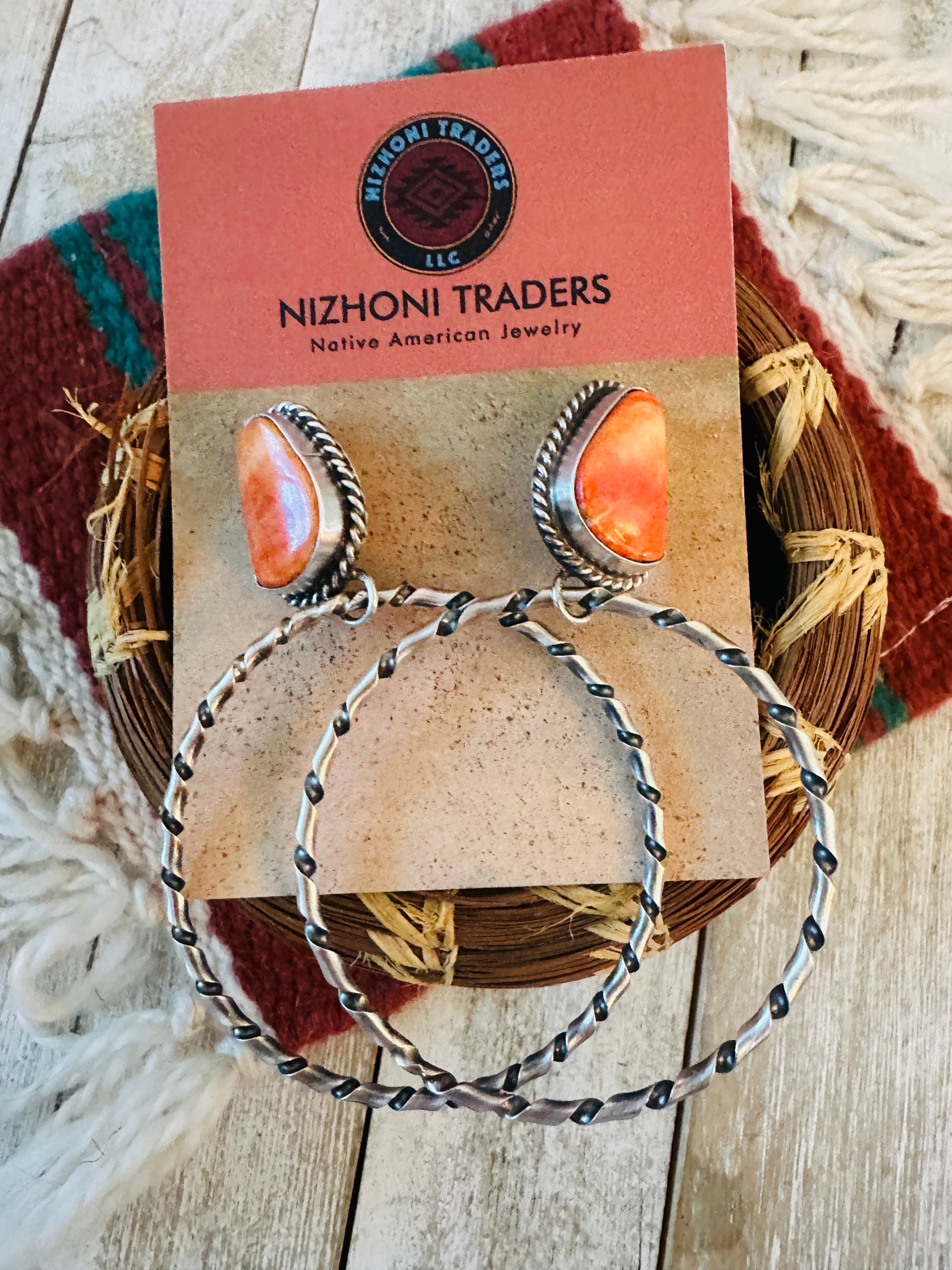 Navajo Orange Spiny and Sterling Silver Dangle Hoop Earrings