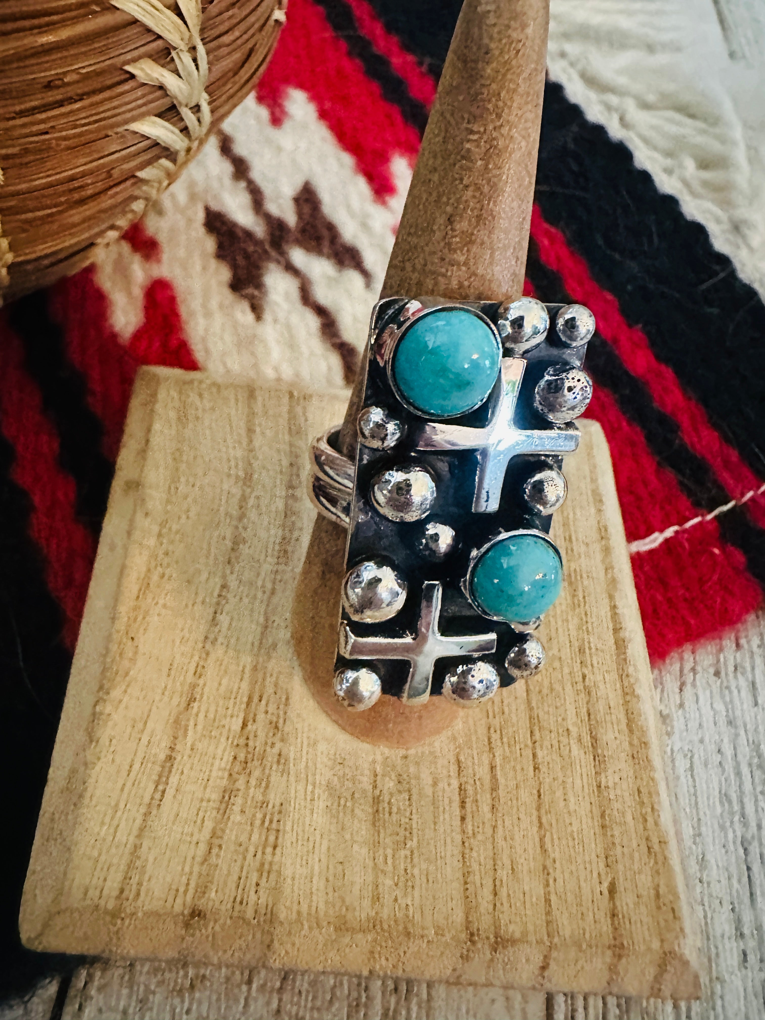 Handcrafted Turquoise & Sterling Silver Cross Ring Chimney Butte