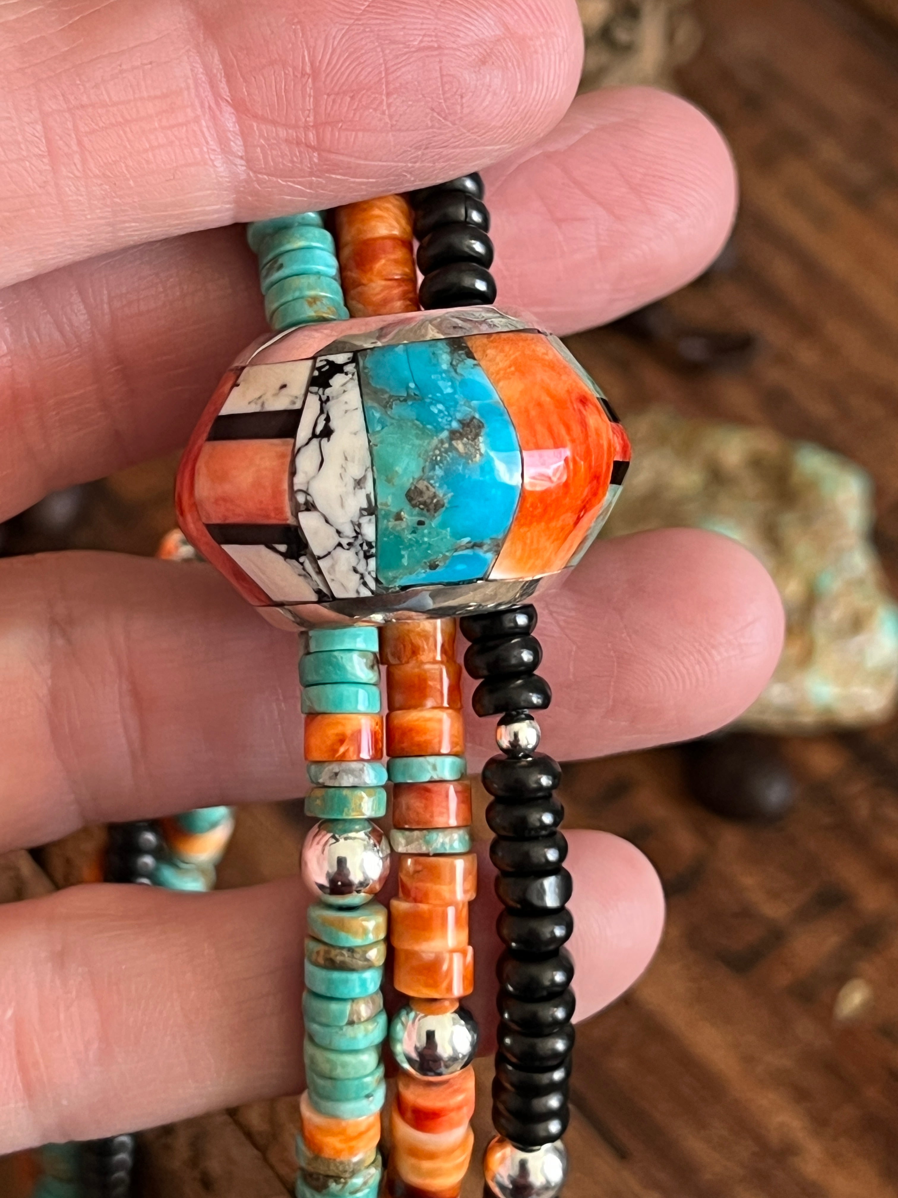 Daniel Coriz Triple Strand Spiny Oyster, Onyx and Turquoise Beaded Necklace w/ Removable Sterling Silver & Stone Inlay Bead