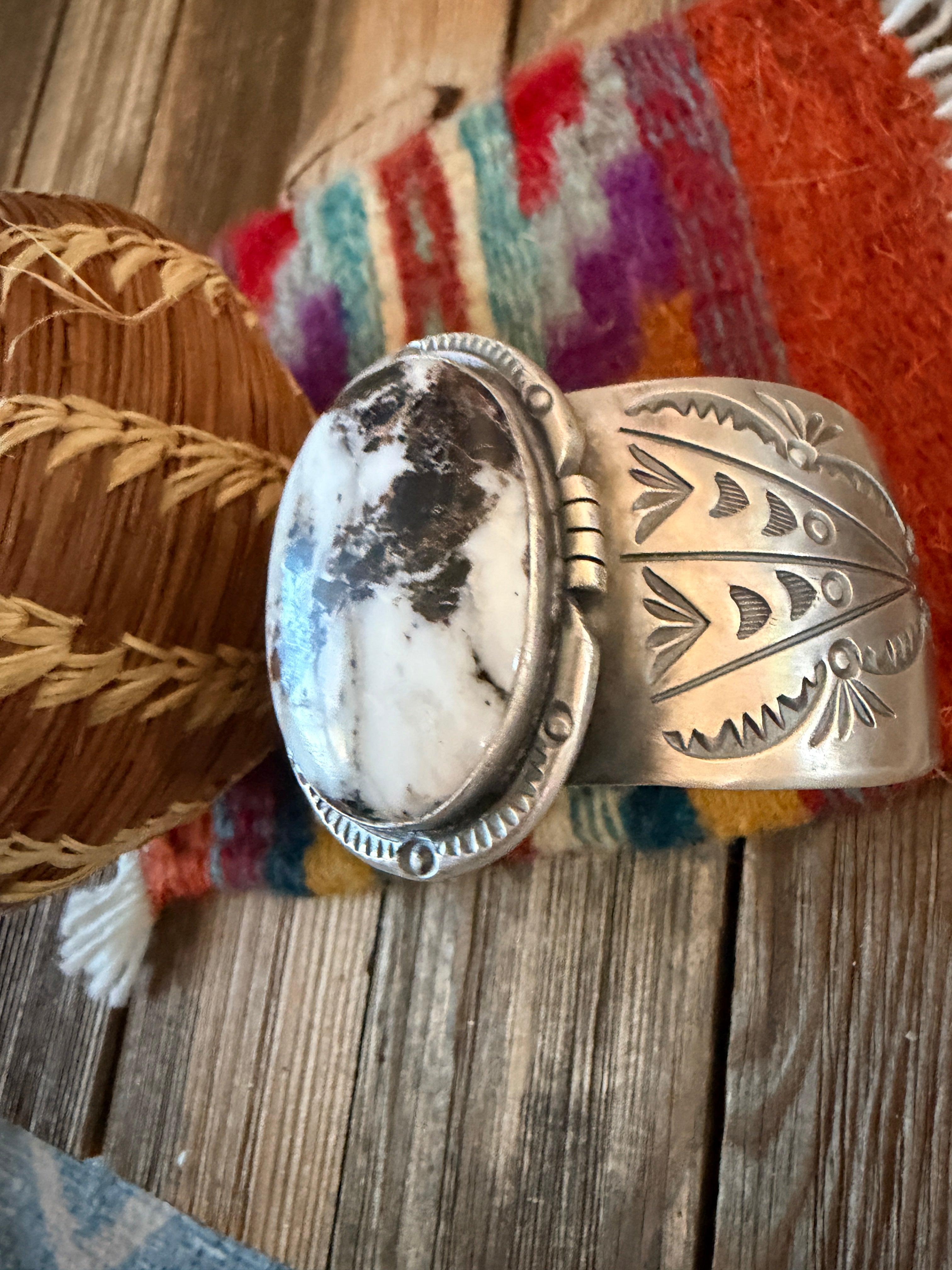 Handcrafted White Buffalo & Sterling Silver Cuff Bracelet by Delbert Secatero