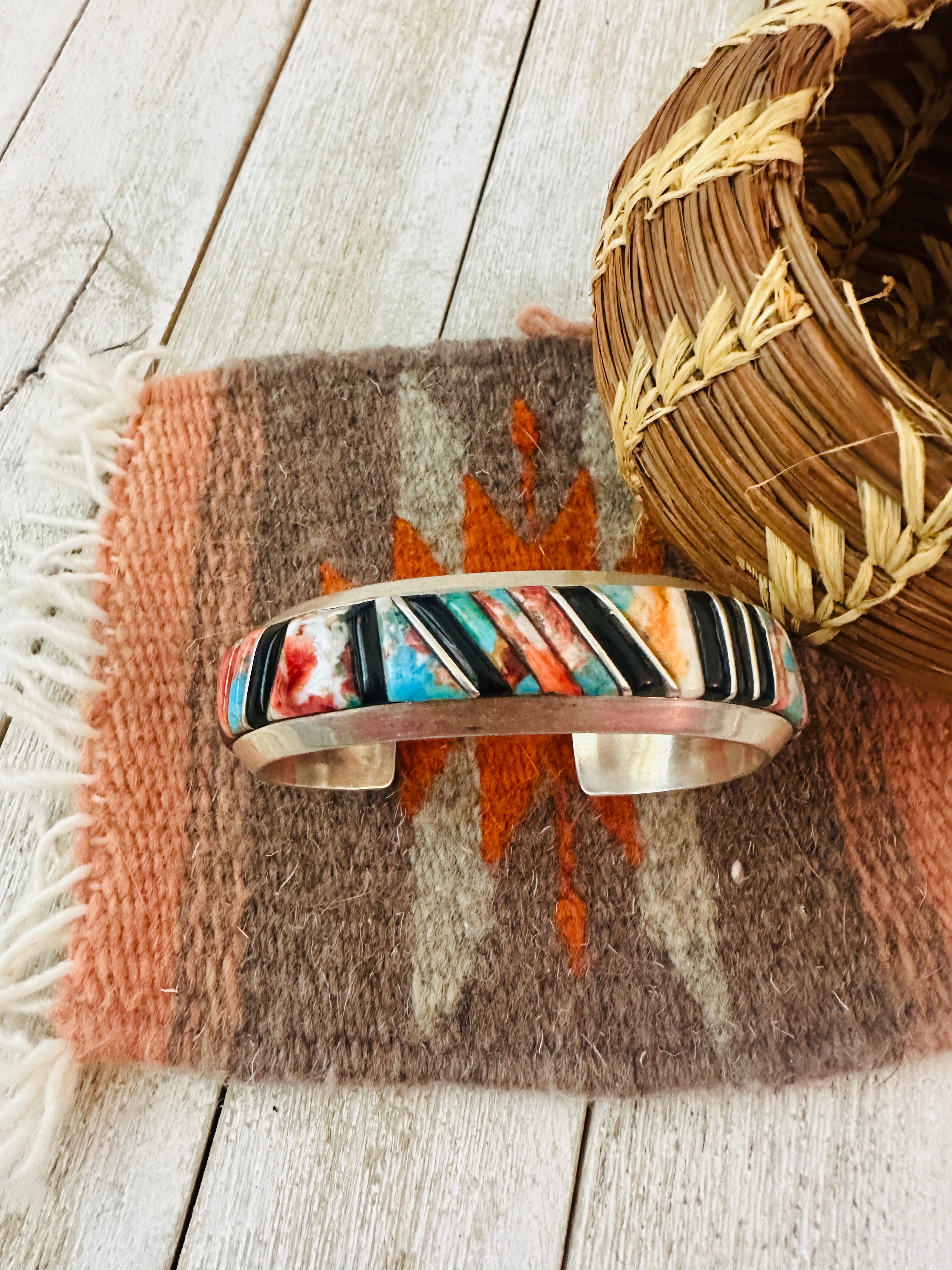 Handcrafted Multi Stone & Sterling Silver Inlay Cuff Bracelet
