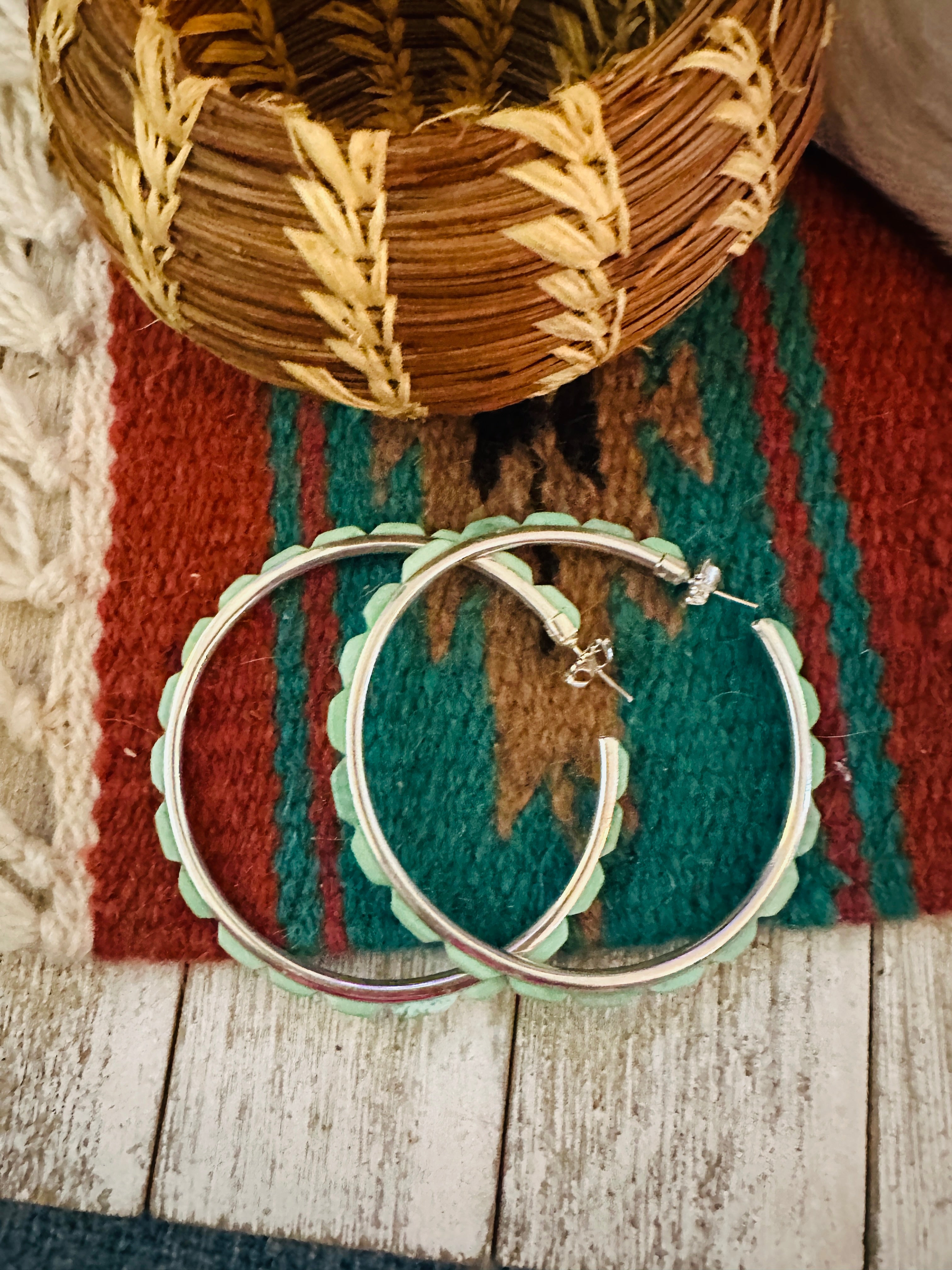 Handcrafted Green Turquoise & Sterling Silver Hoop Earrings by Federico Jimenez