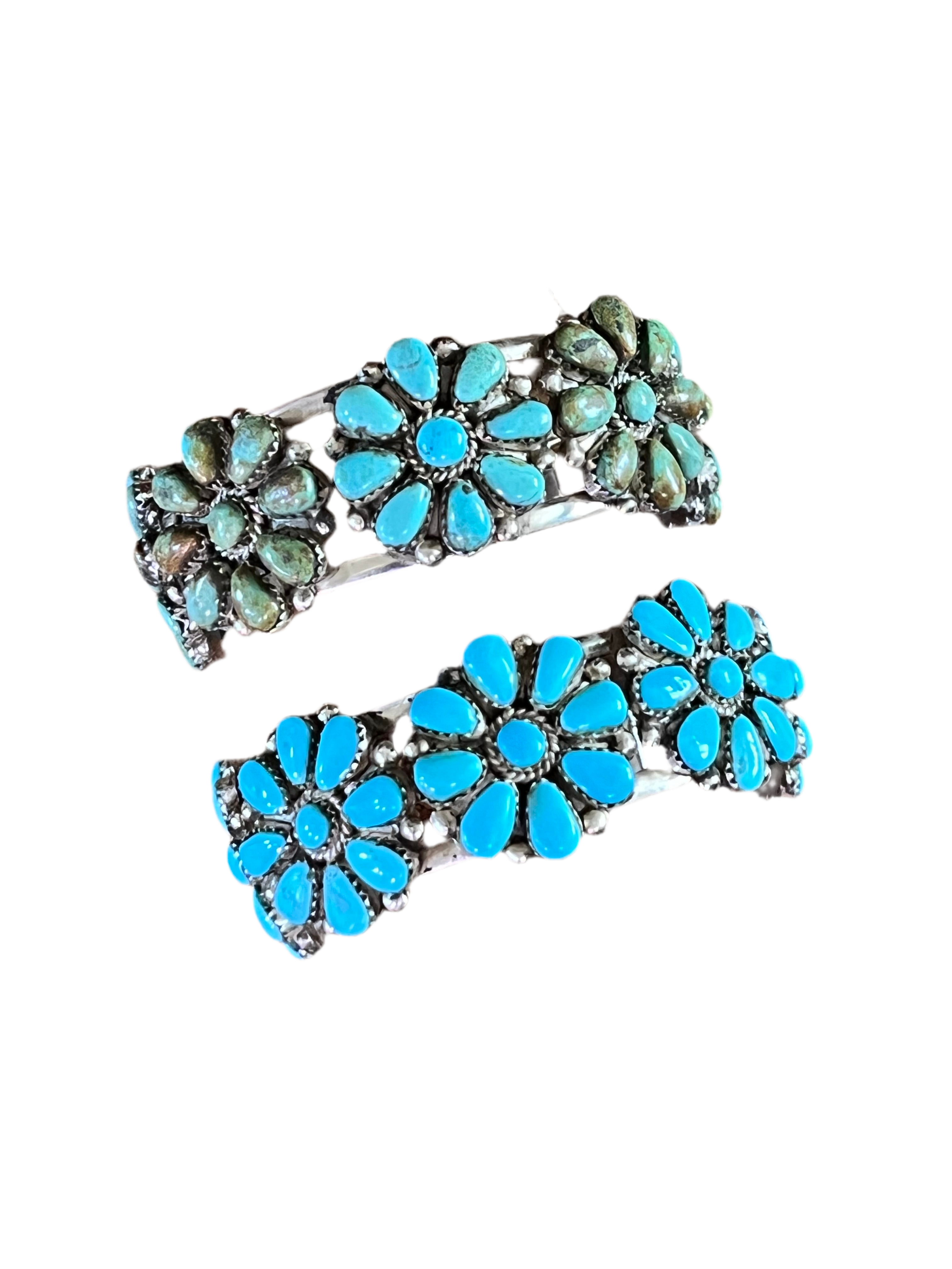 Handcrafted Old Pawn Sterling Silver and Mixed Turquoise Daisy Cluster Cuff Bracelet, Signed MA /