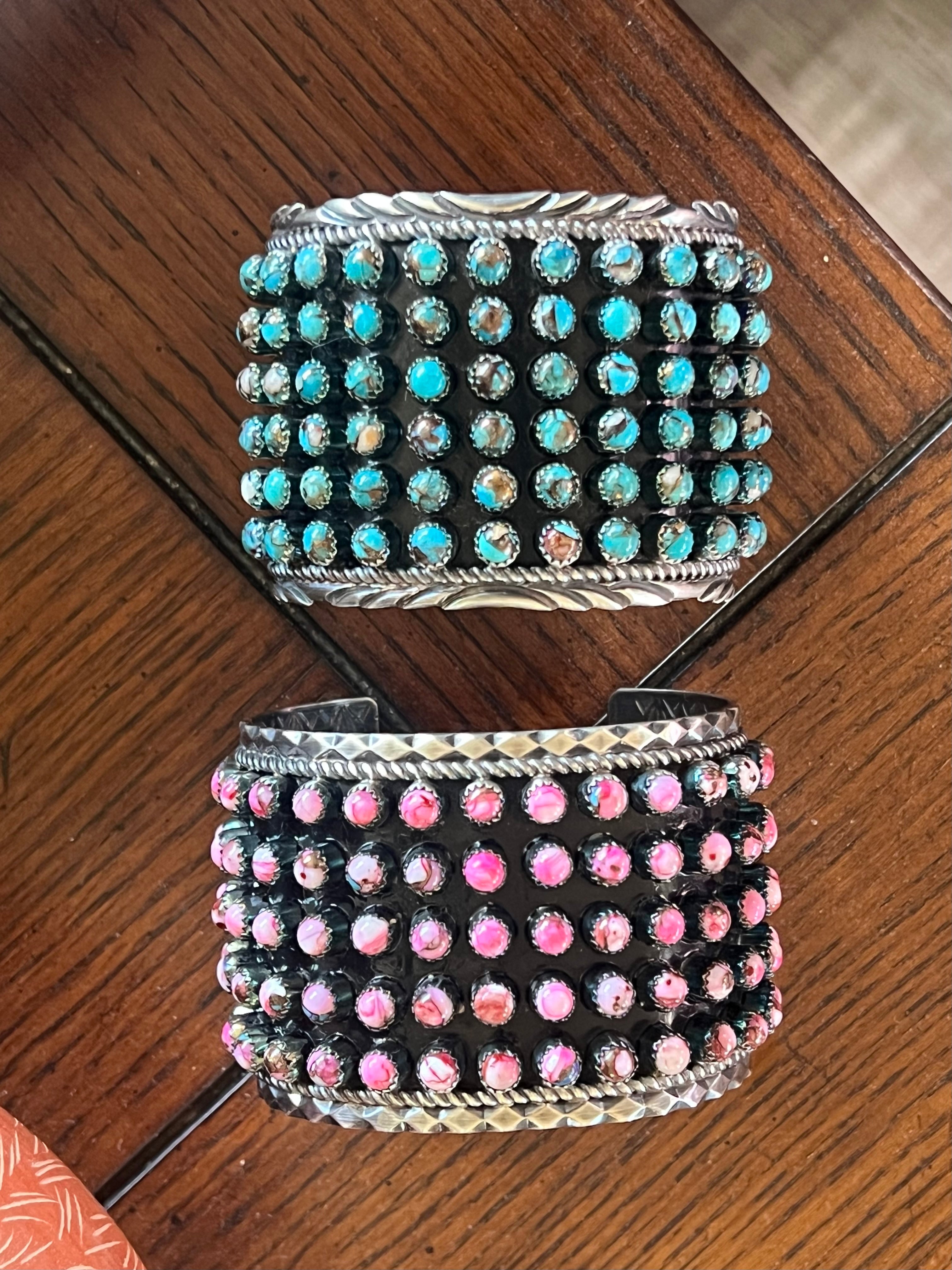 Handcrafted Sterling Silver and Blue Mohave Snake Eye Style Six Row Cuff Bracelet, Signed BJ