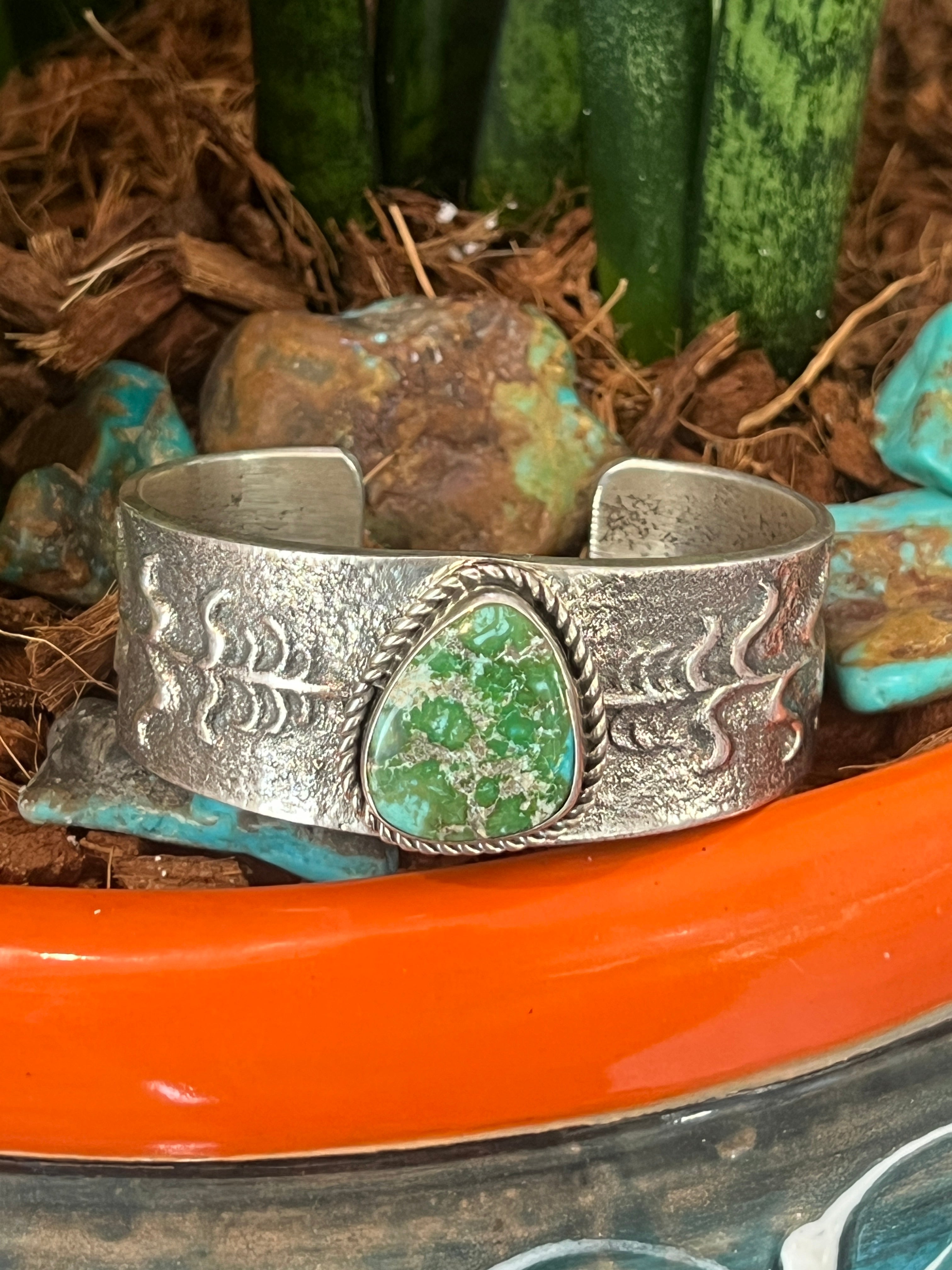 Handcrafted Sterling Silver Tufa Cast Corn Stalk Cuff with Sonoran Gold Turquoise by Gary Custer