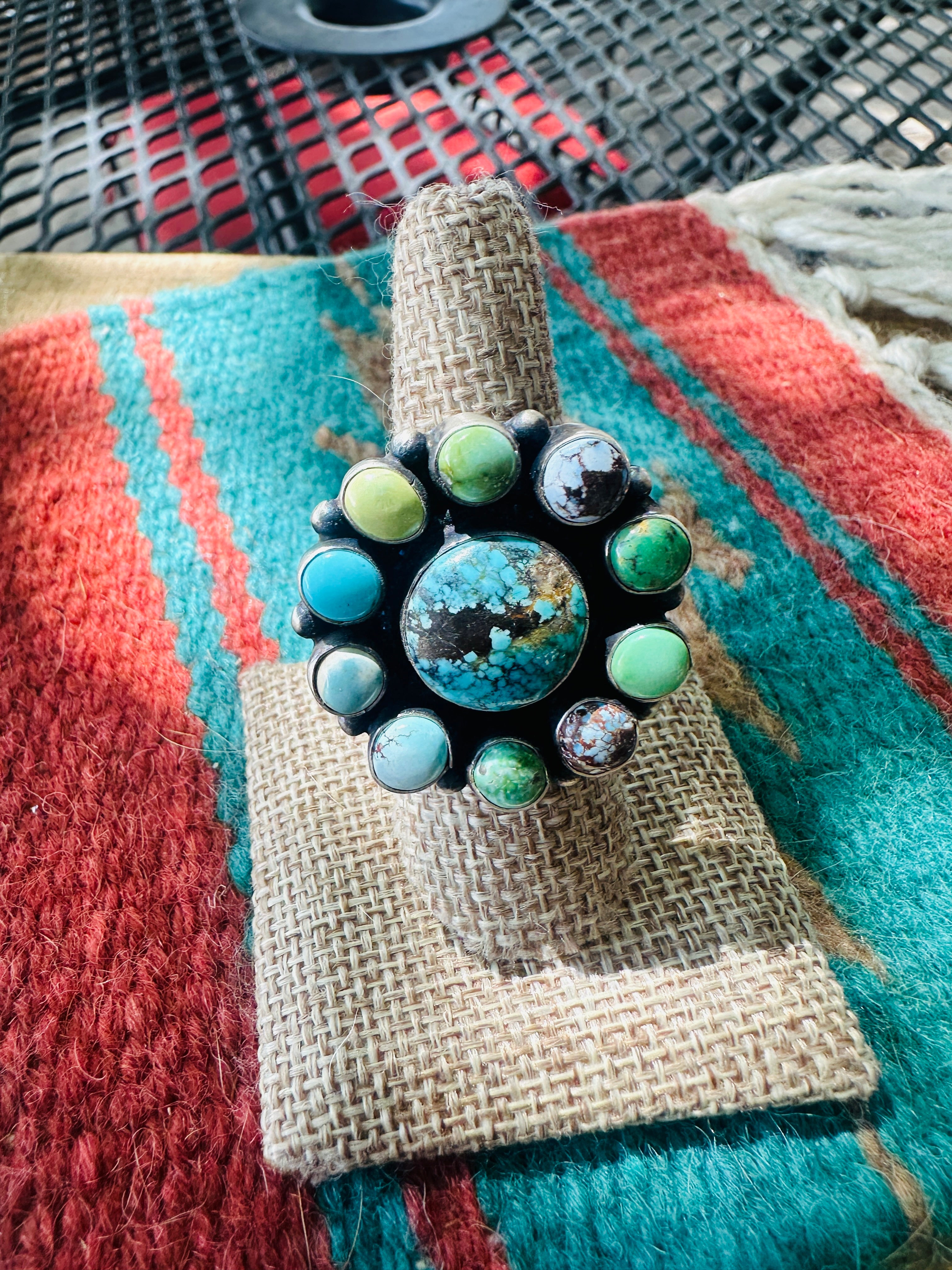 Handcrafted Sterling Silver & Turquoise Cluster Adjustable Ring