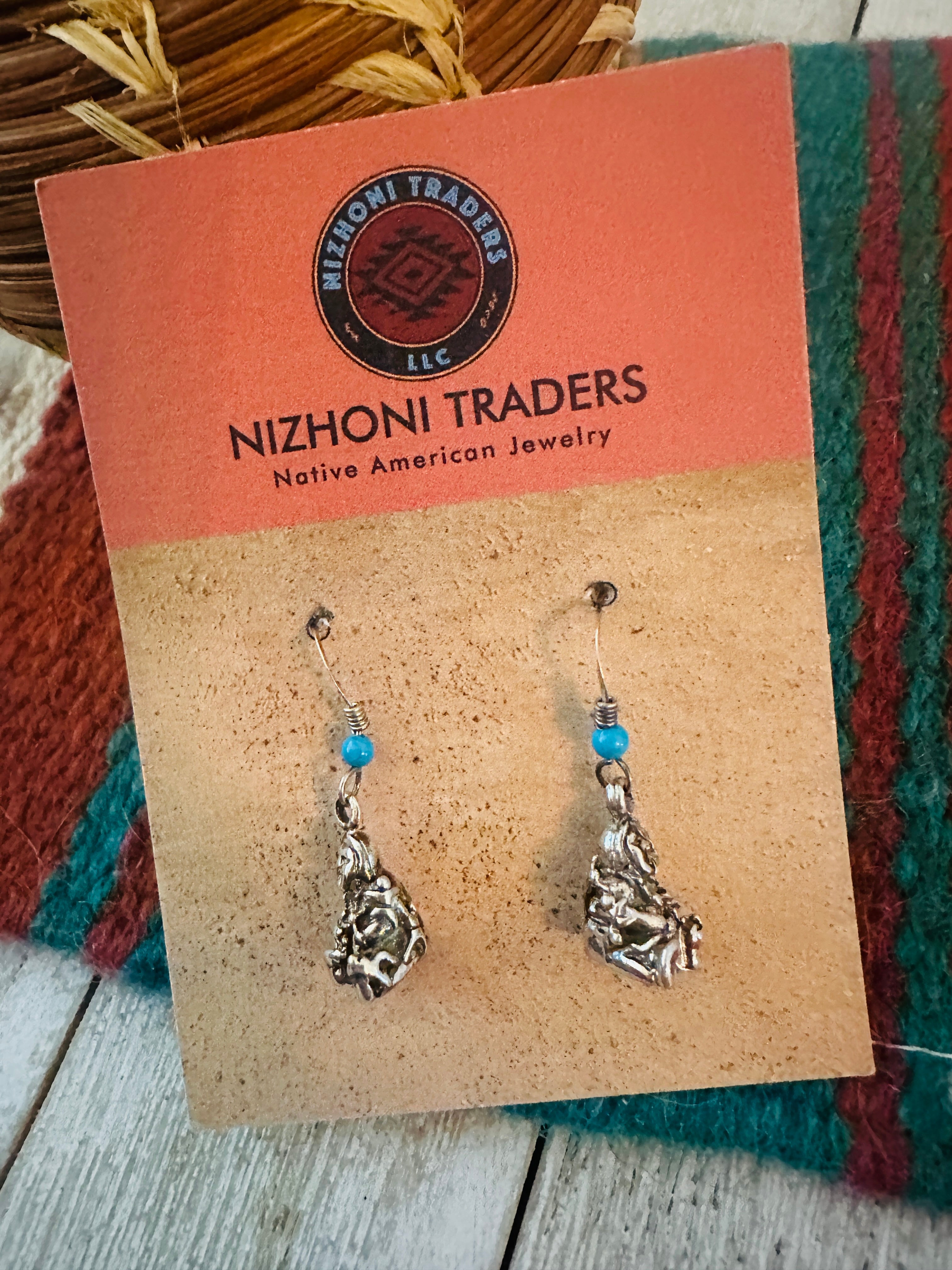 Handcrafted Old Pawn Sterling Silver & Turquoise Storyteller Dangle Earrings