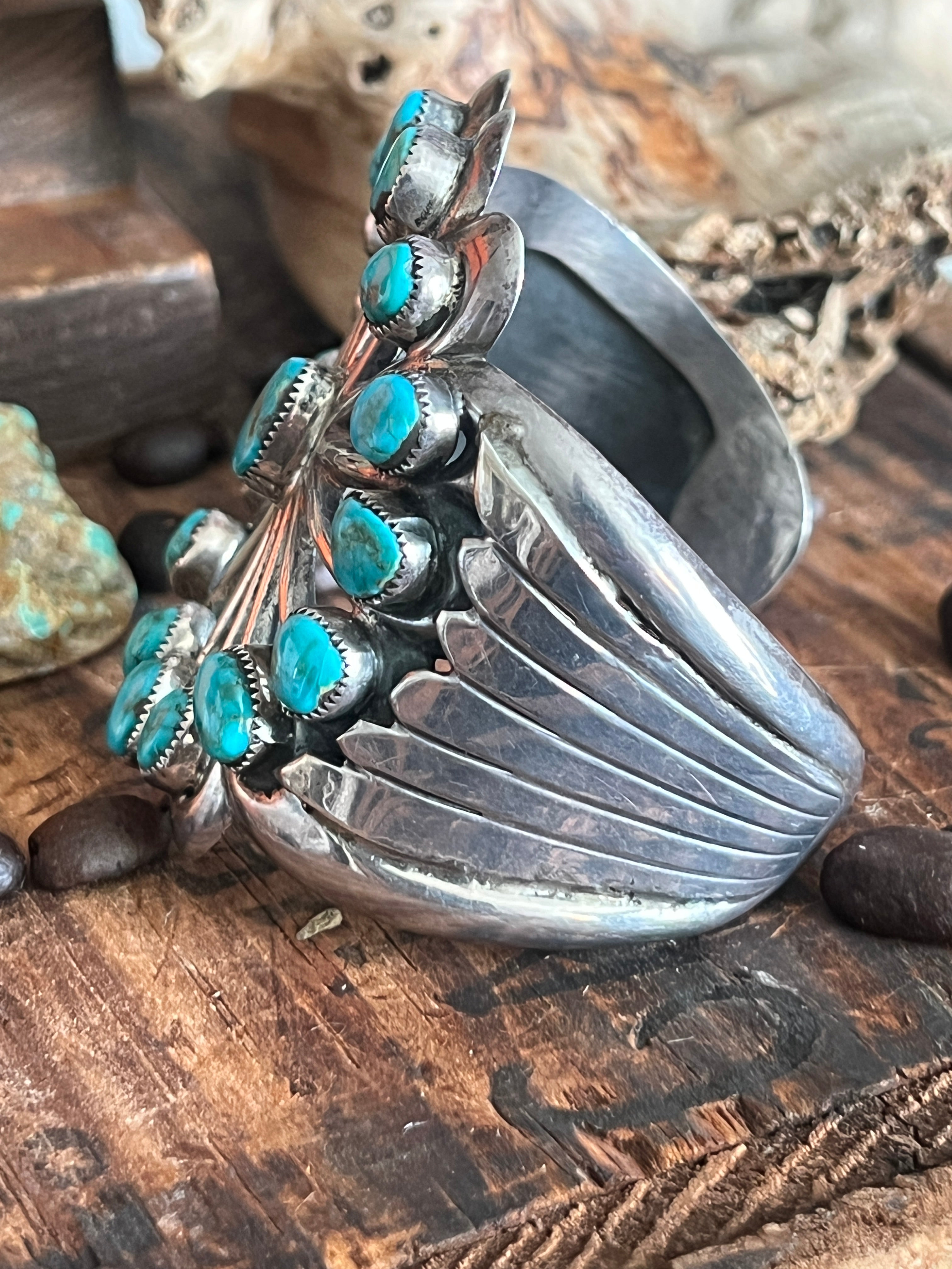 Vintage Cast Sterling Silver and Turquoise Flower Motif Cuff Bracelet