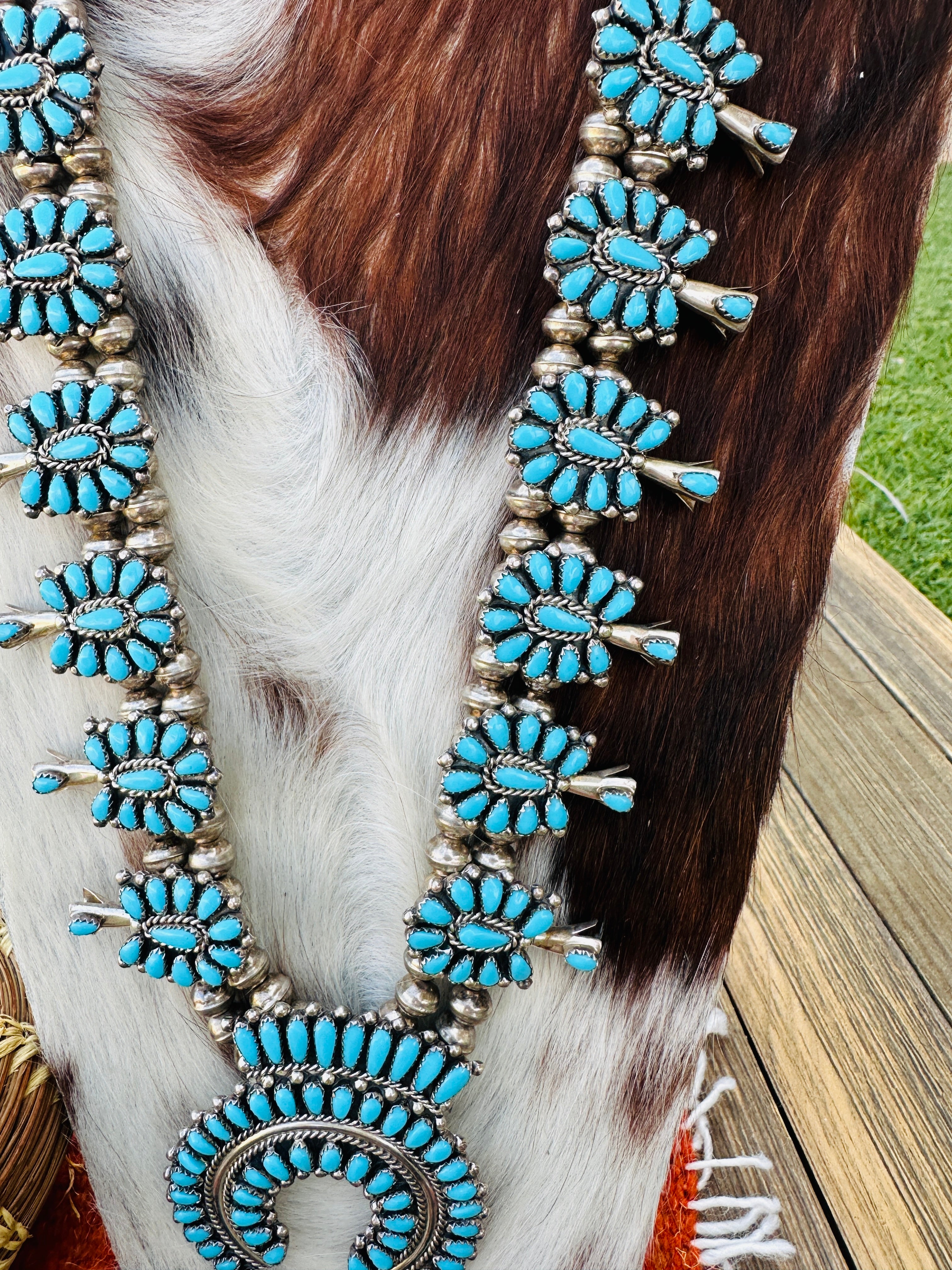 Old Pawn Handcrafted Turquoise & Sterling Silver Beaded Squash Blossom Necklace