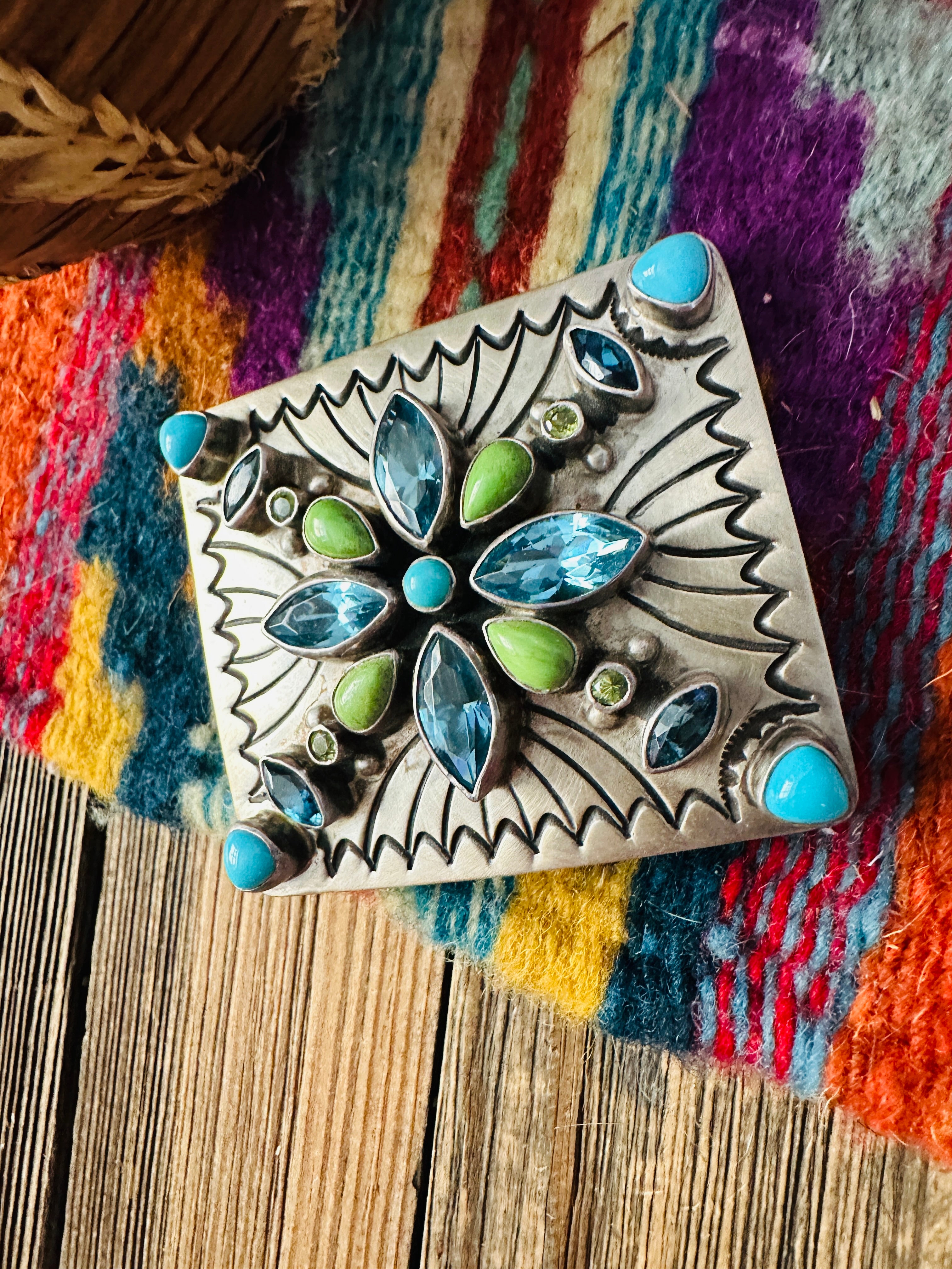 Handcrafted Vintage Old Pawn Multi Stone & Sterling Silver Belt Buckle