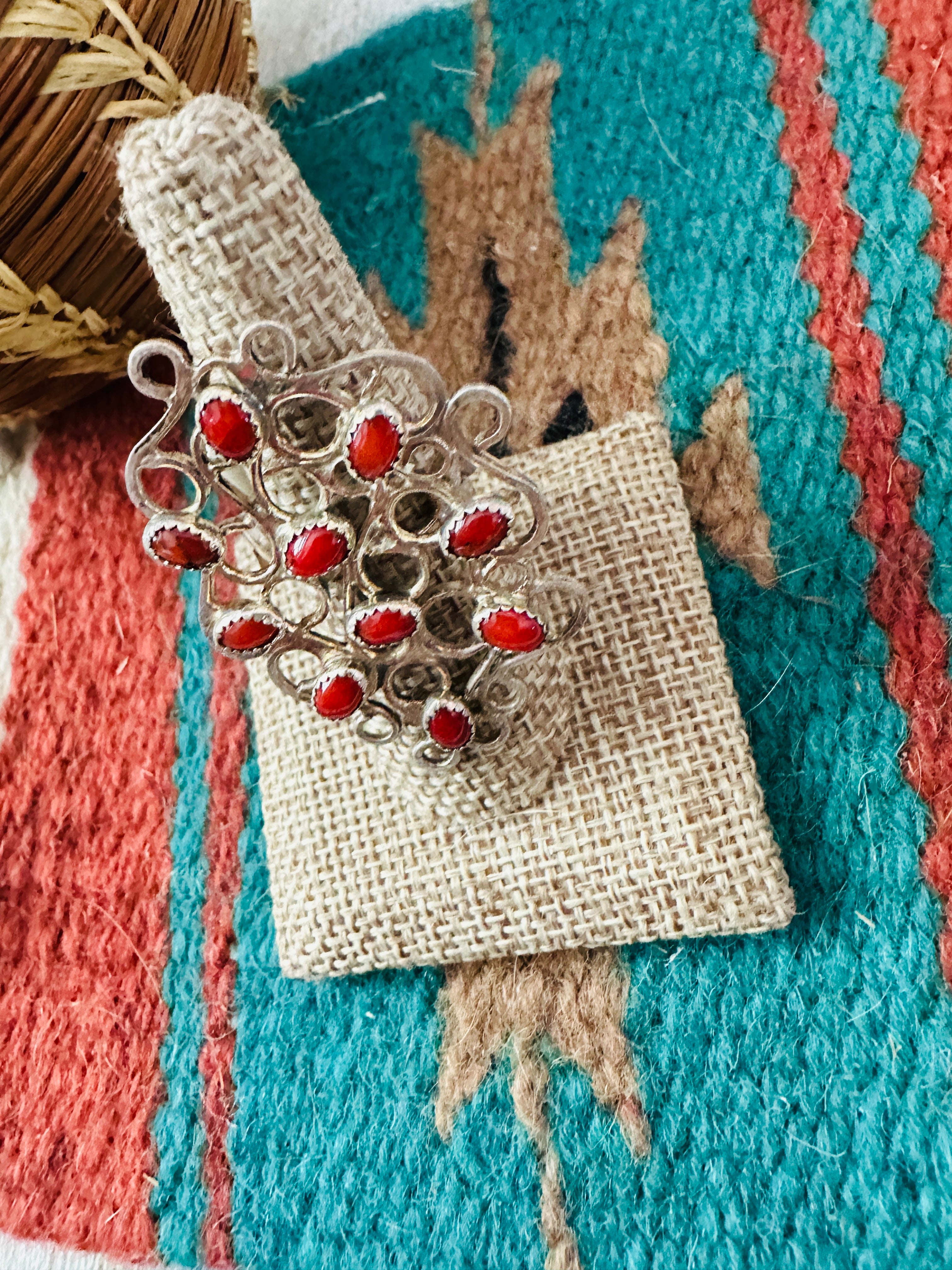 Handcrafted Sterling Silver & Coral Abstract Statement Ring Size 8.5