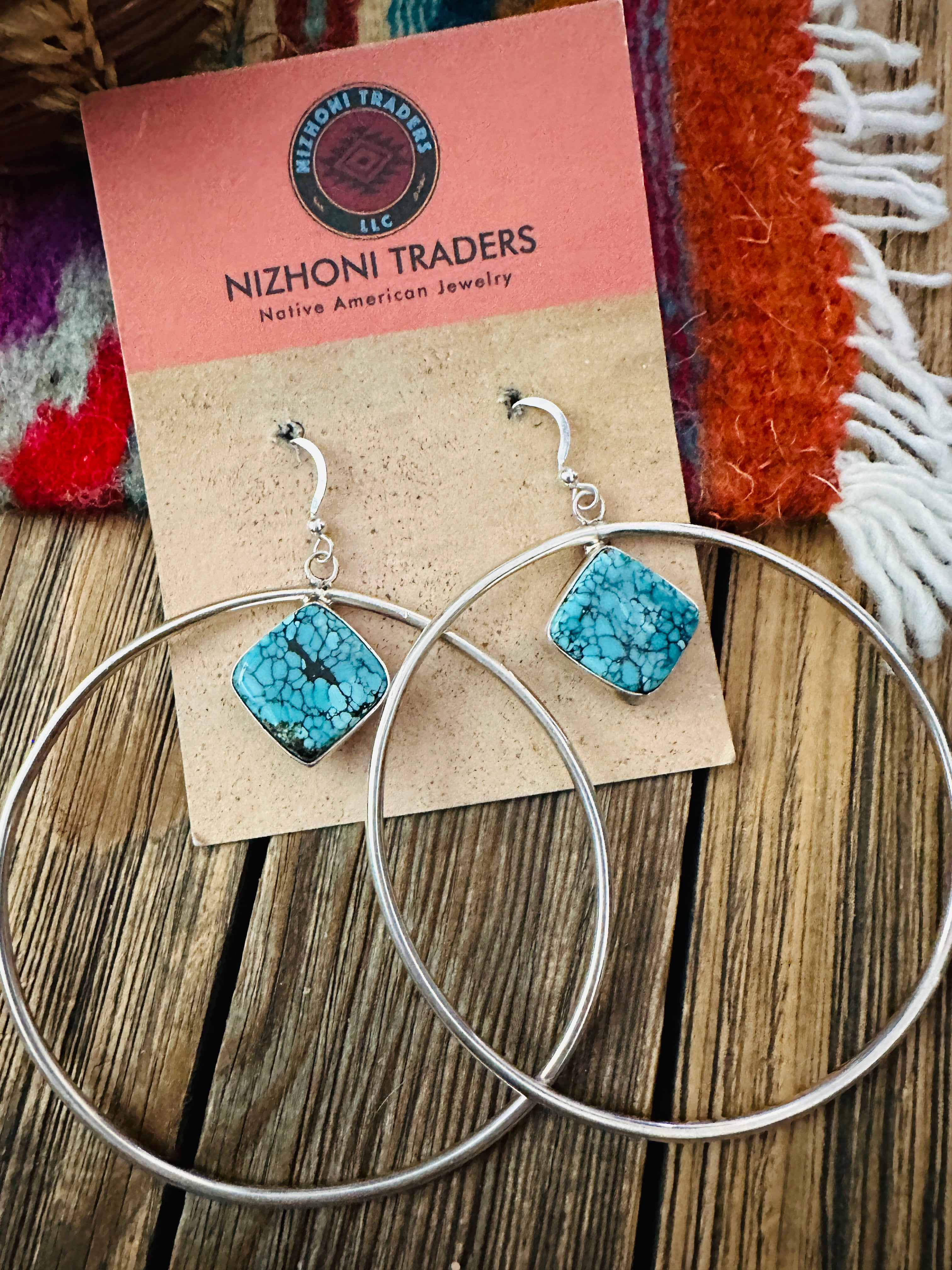 Handcrafted Turquoise & Sterling Silver Dangle Hoop Earrings by Patrick Yazzie