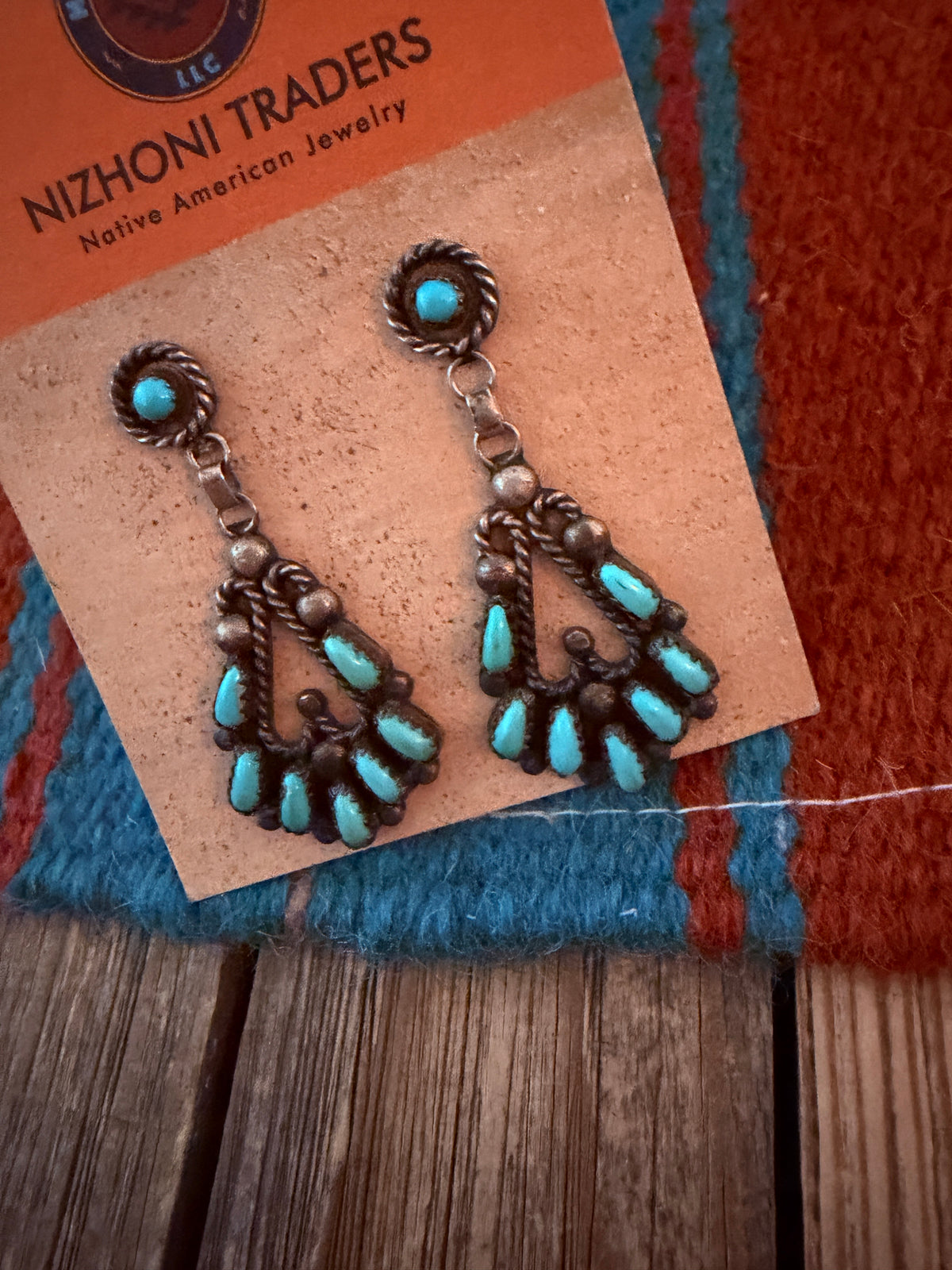 Old Pawn Handcrafted Sterling Silver & Turquoise Needlepoint Dangle Earrings