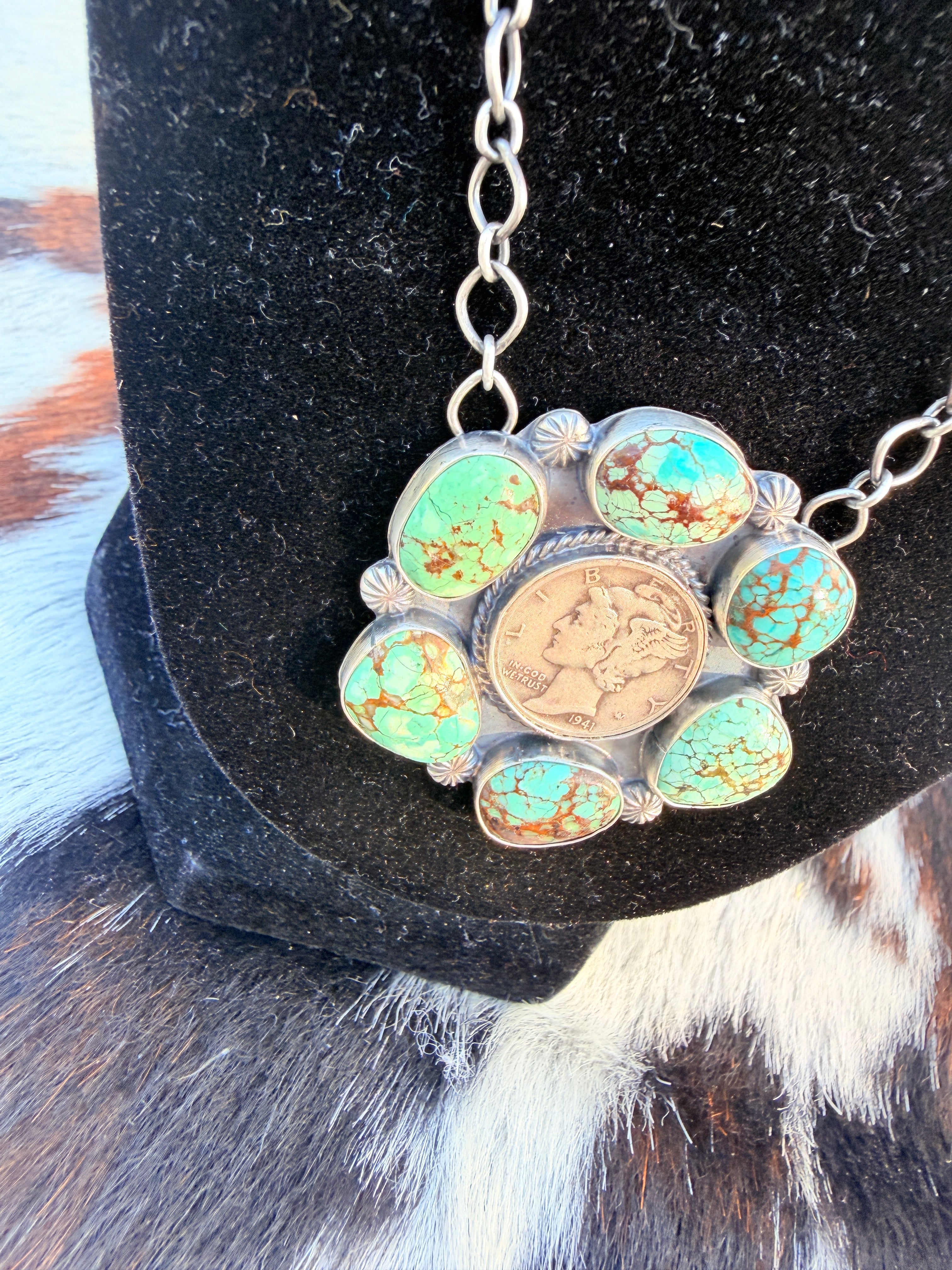 Handcrafted Number 8 Turquoise & Sterling Silver Liberty Dime Necklace by Sheila Tso