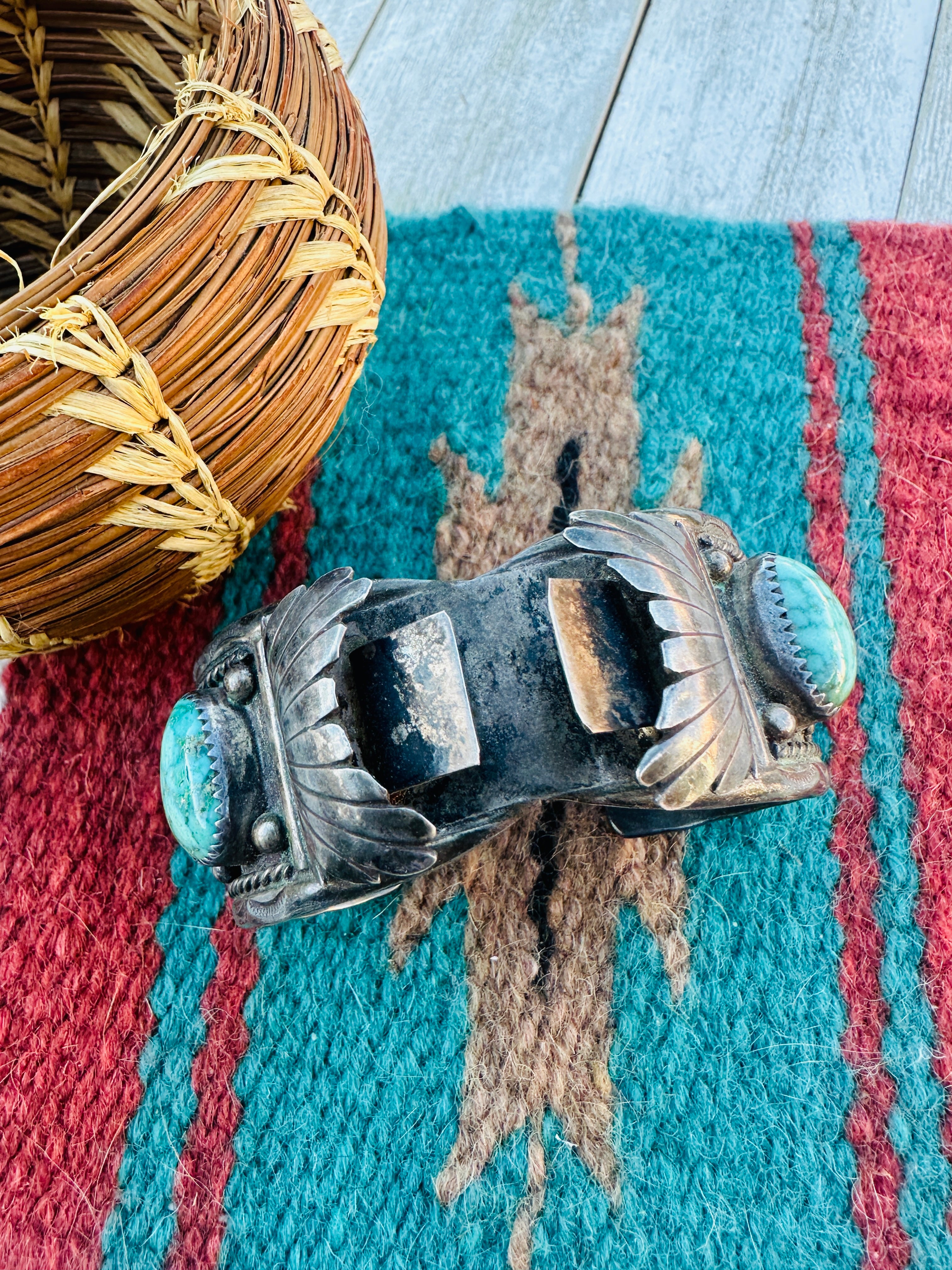 Handcrafted Old Pawn Sterling Silver & Turquoise Watch Cuff Bracelet