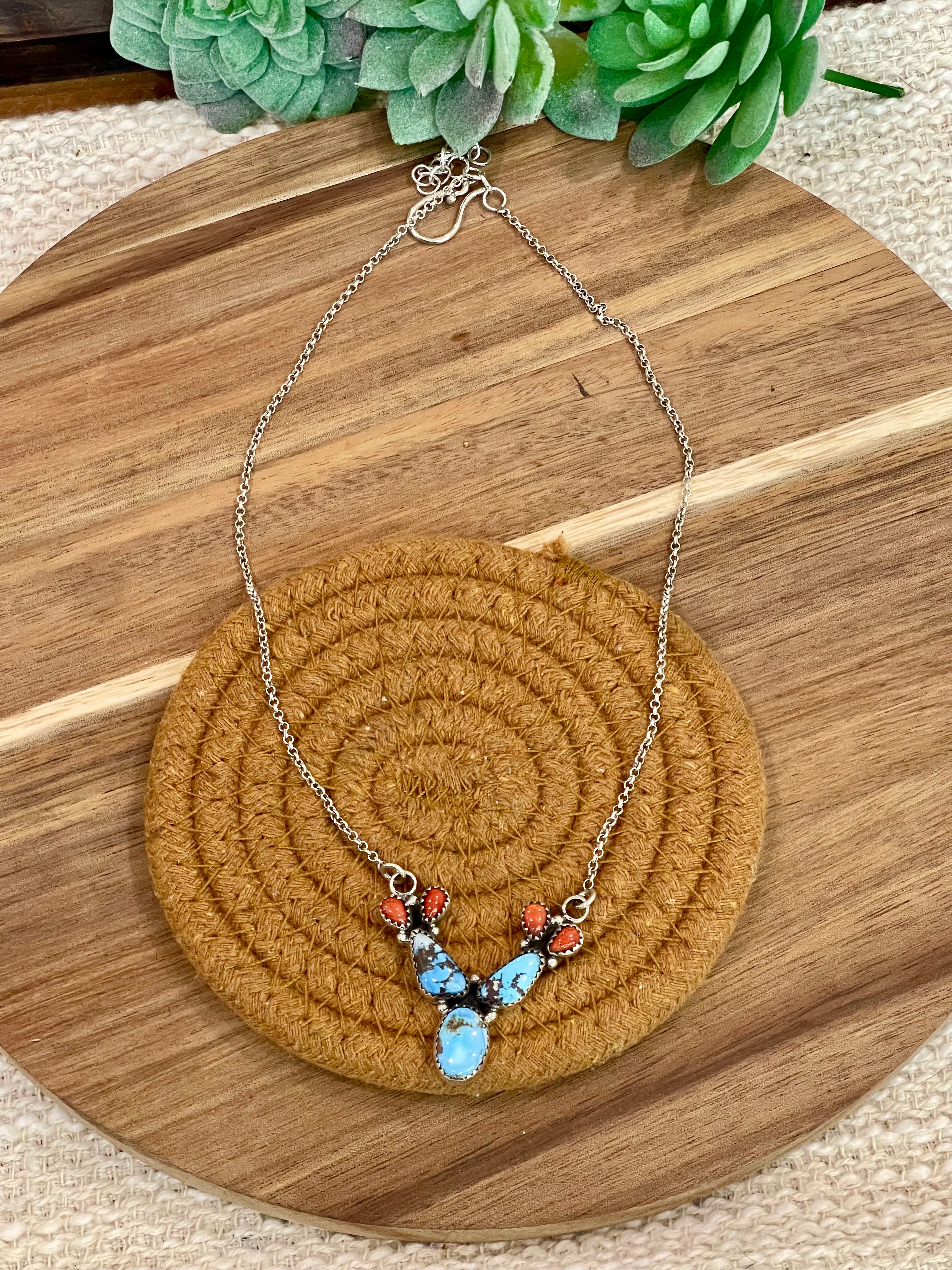 Handmade Sterling Silver, Golden Hills Turquoise & Coral Necklace Signed Nizhoni