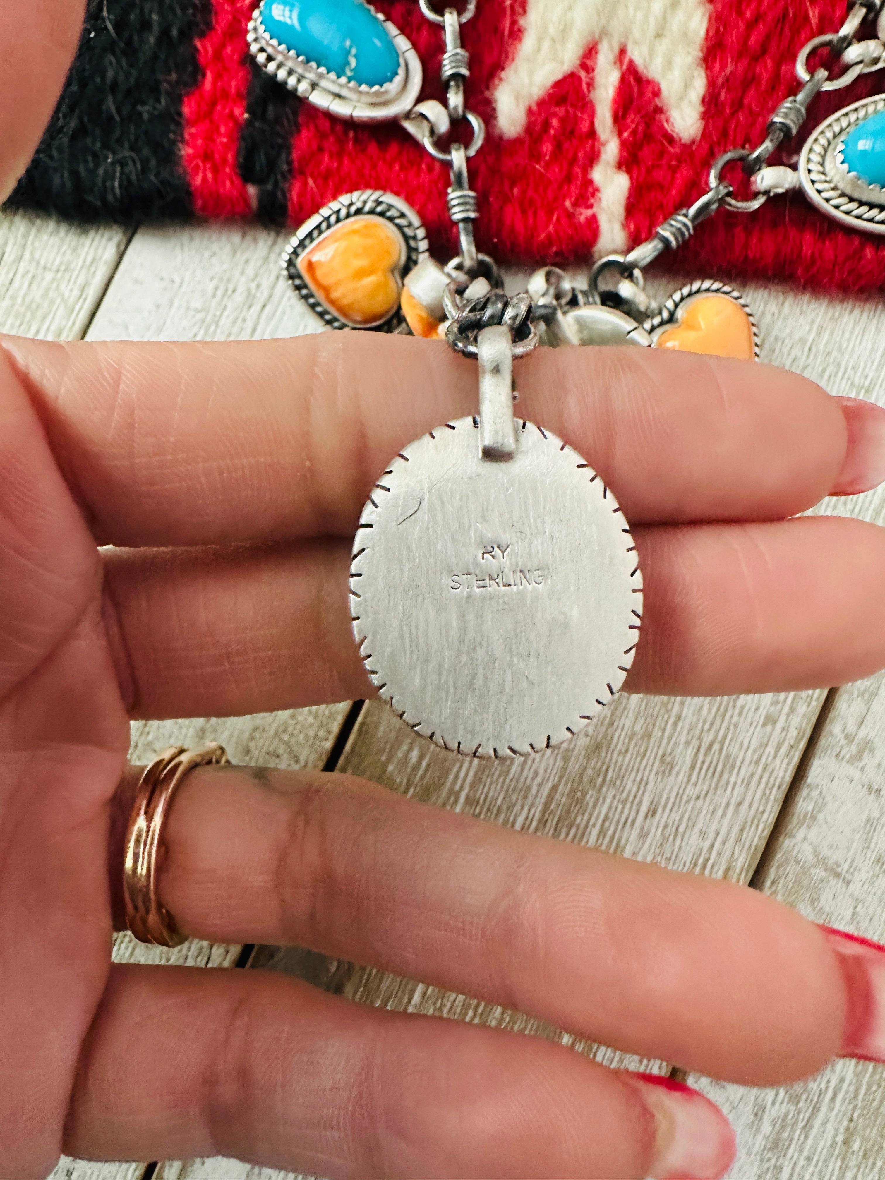 Navajo Sterling Silver, Turquoise & Spiny Heart Necklace, Signed RY