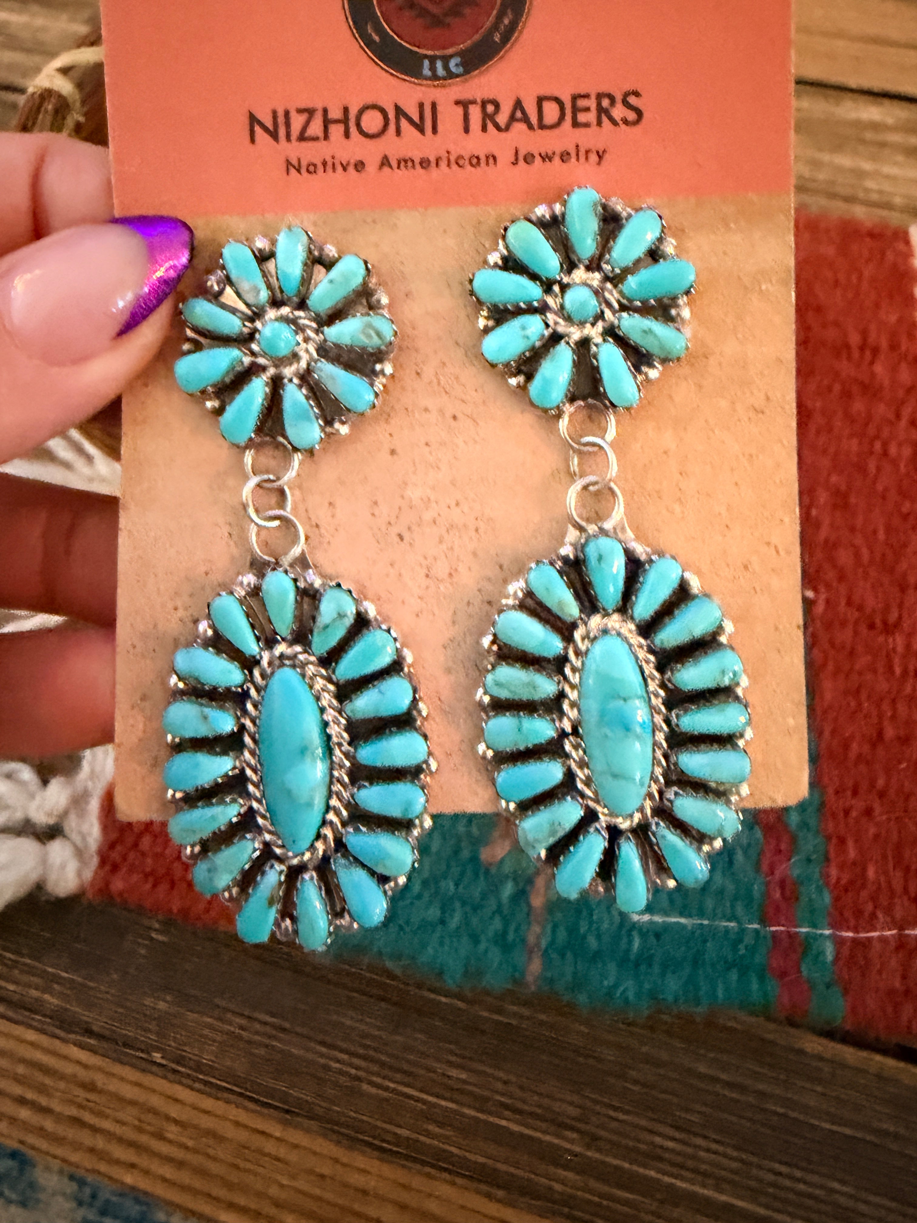 Handcrafted Turquoise & Sterling Silver Cluster Dangle Earrings by Pamela Benally