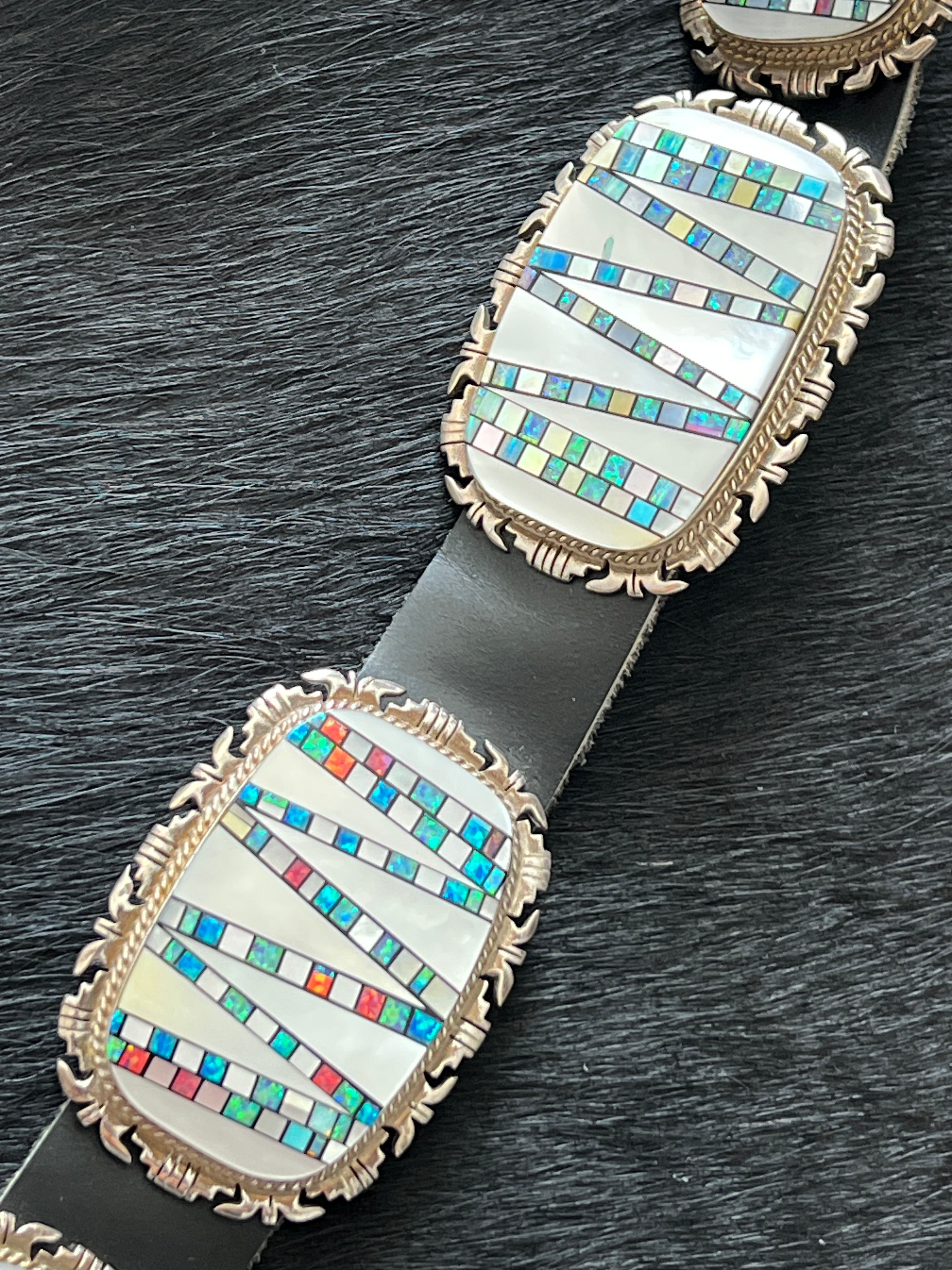 Tremendous Old Pawn Handcrafted Sterling Silver, Mother of Pearl and Opal Inlay Concho Belt by Albert Francisco