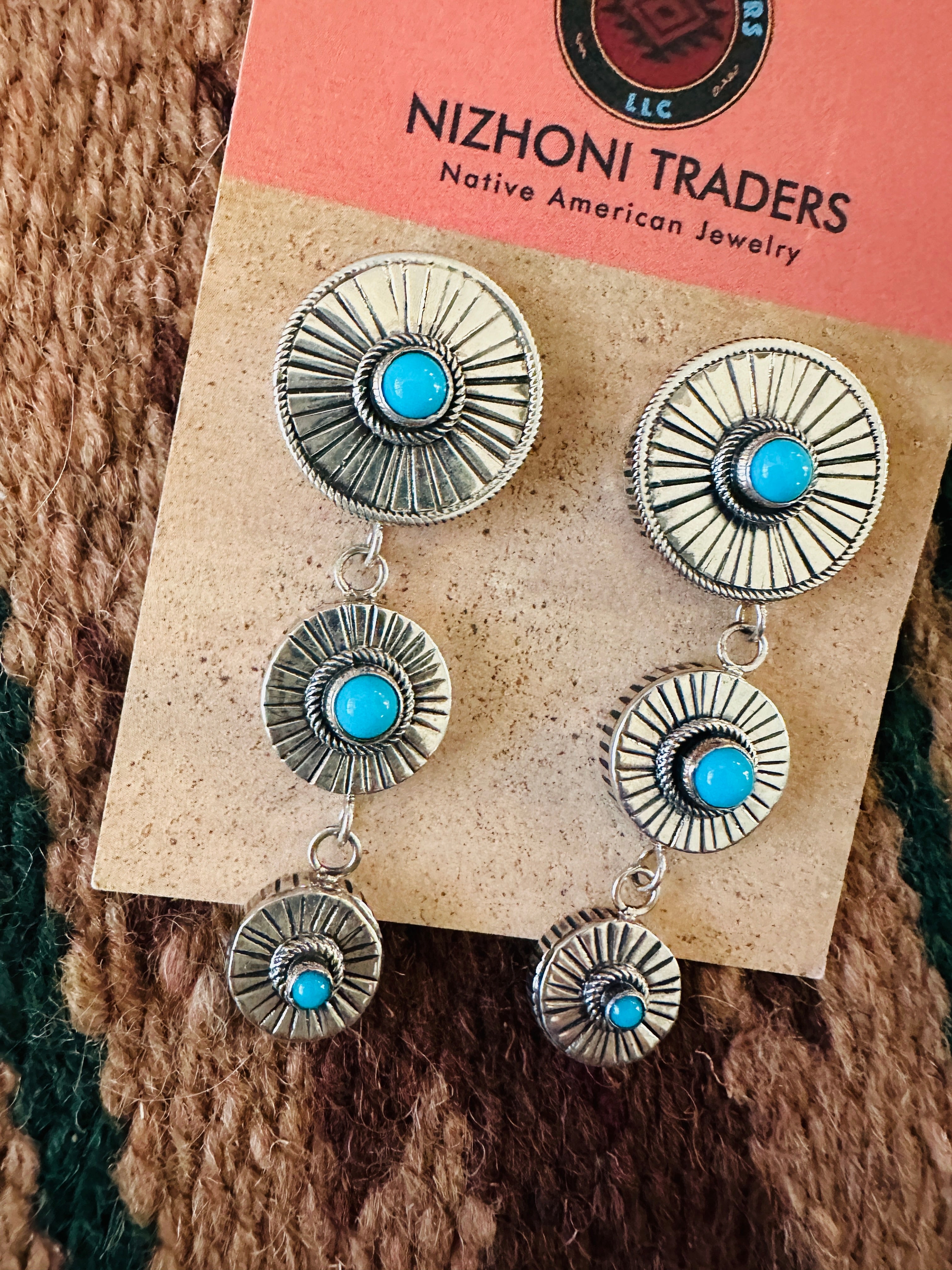 Handcrafted Hand Stamped Sterling Silver & Turquoise Concho Dangle Earrings