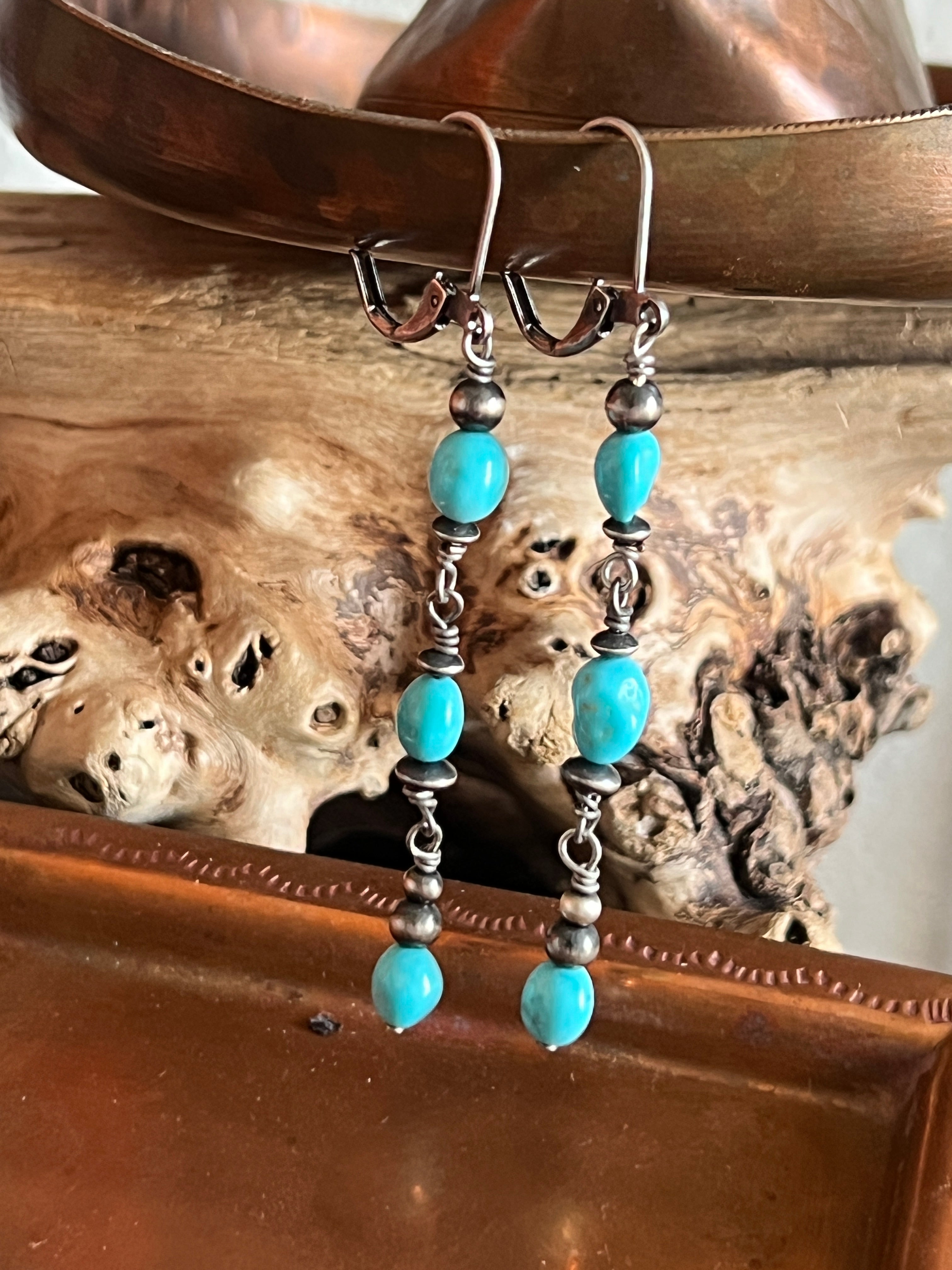 Handcrafted Sterling Silver and Sleeping Beauty Turquoise Beaded Dangle Earrings, Leverbacks