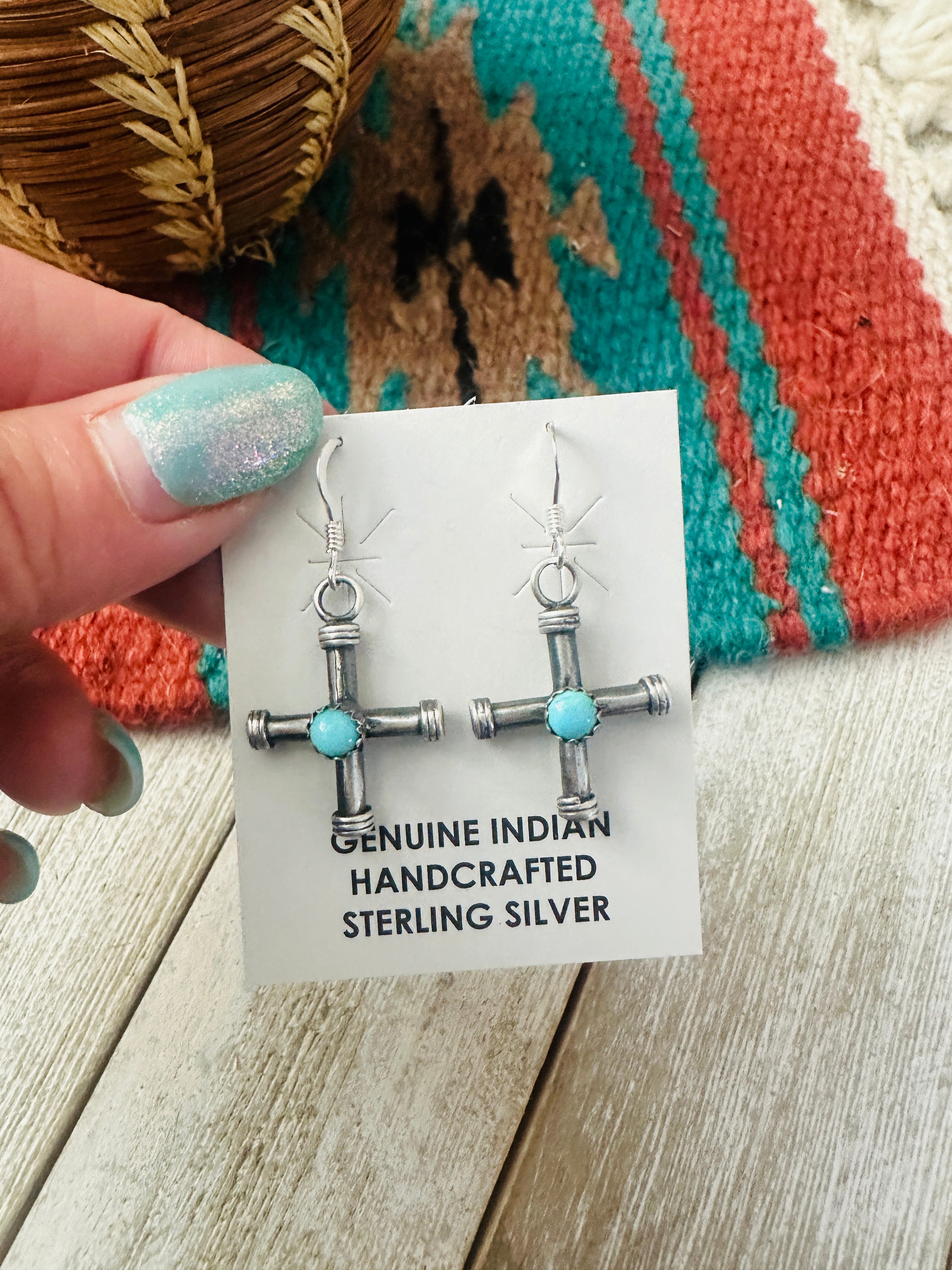 Handcrafted Sterling Silver & Turquoise Cross Dangle Earrings