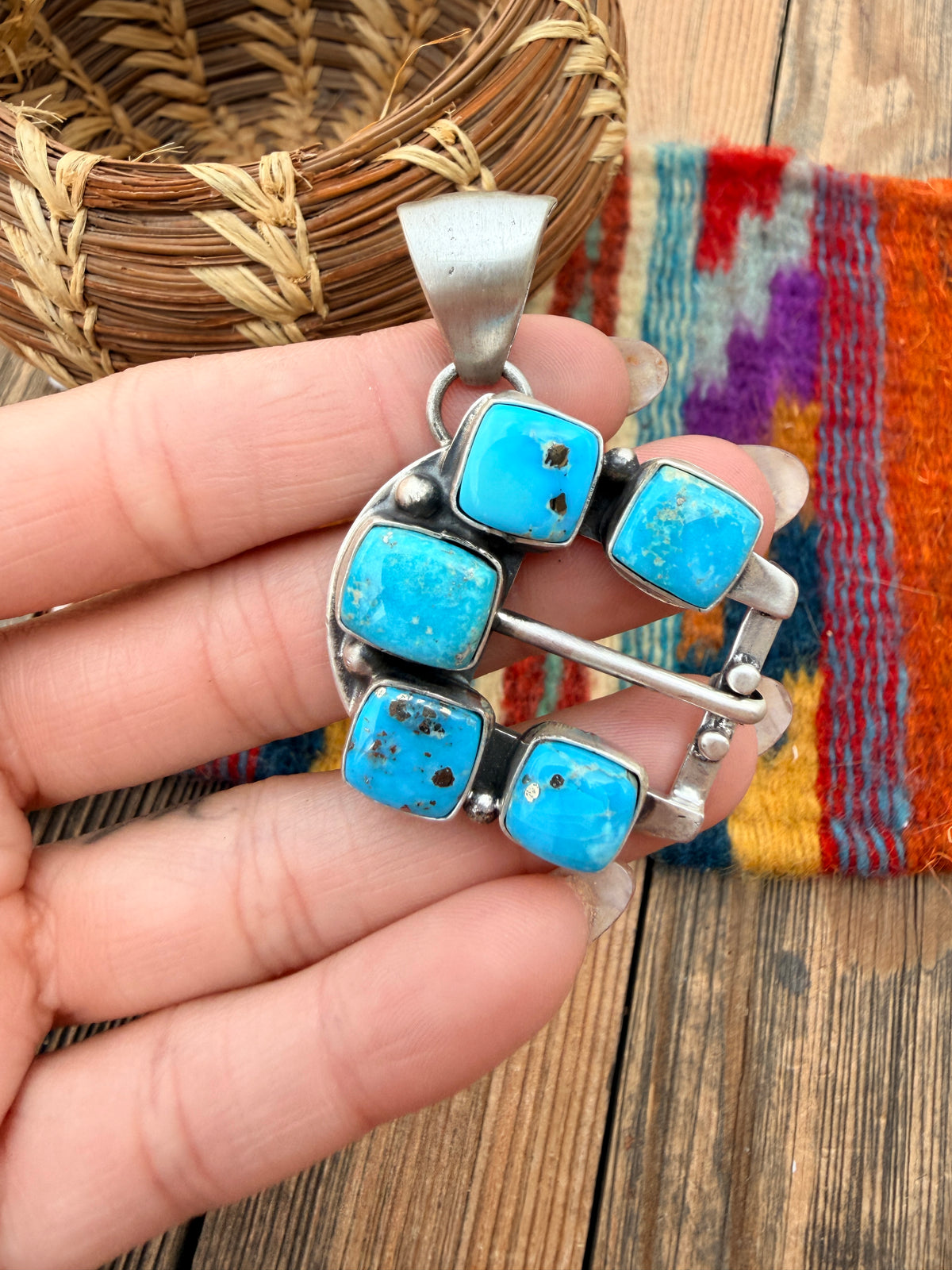 Handcrafted Sterling Silver & Turquoise Belt Buckle Pendant by Russell Sam
