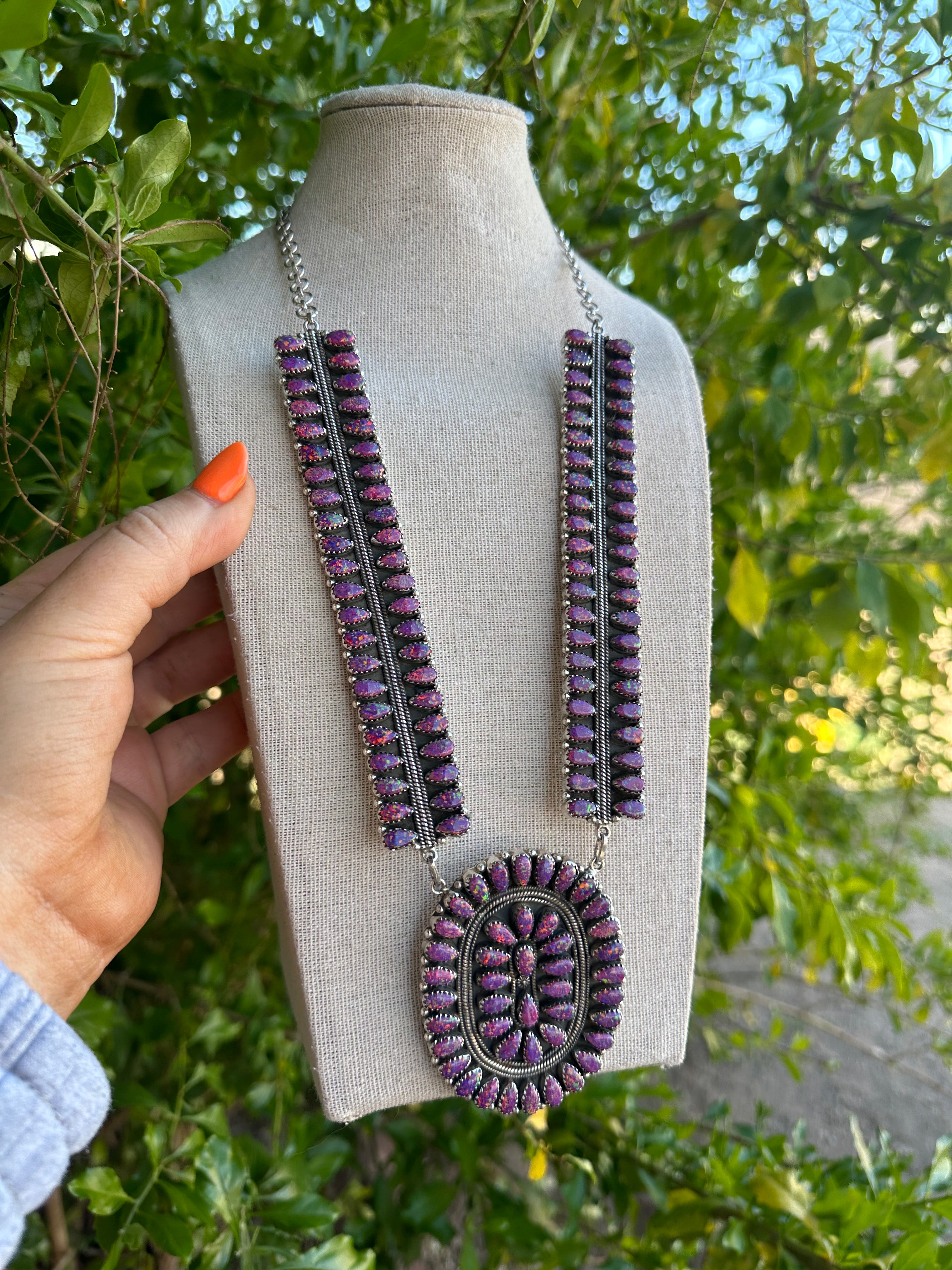 Handmade Dark Pink & Purple Fire Opal & Sterling Silver Statement Necklace