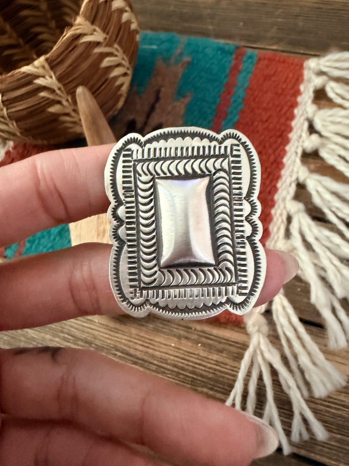 Handcrafted Sterling Silver Adjustable Concho Ring by Leander Tahe