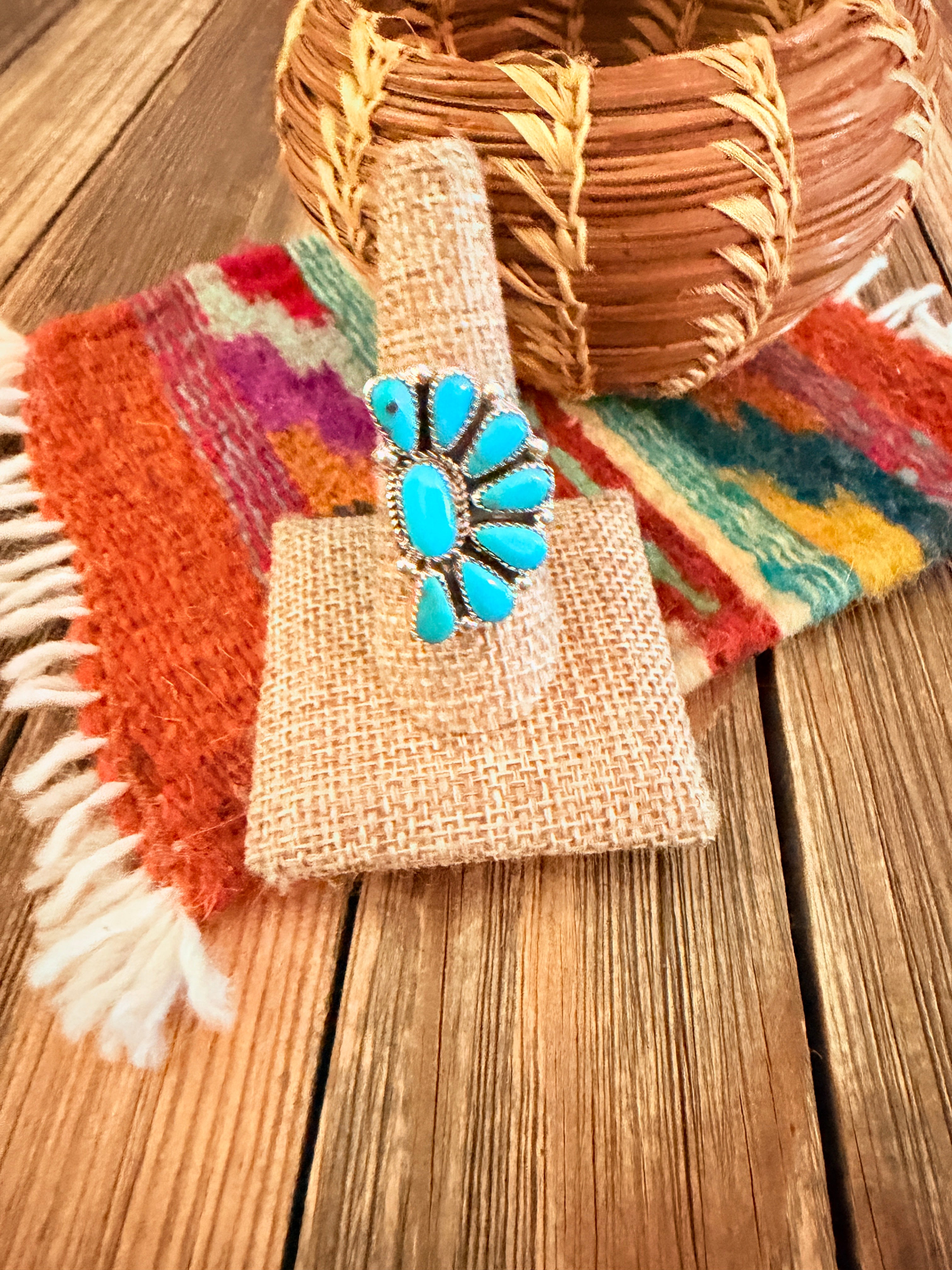 Handcrafted Turquoise & Sterling Silver Adjustable Cluster Ring