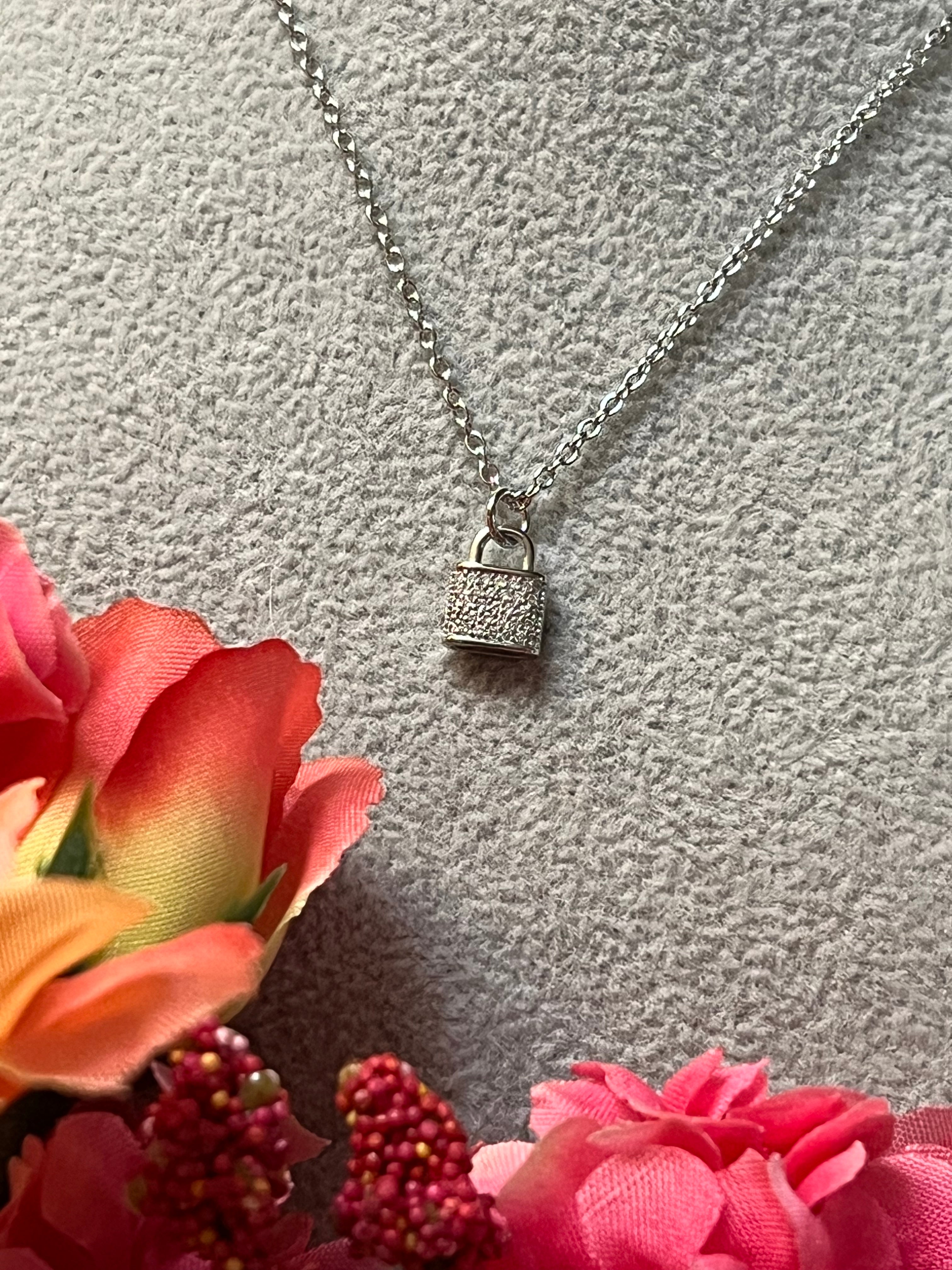 Silver Plated CZ Lock Pendant Chain Necklace