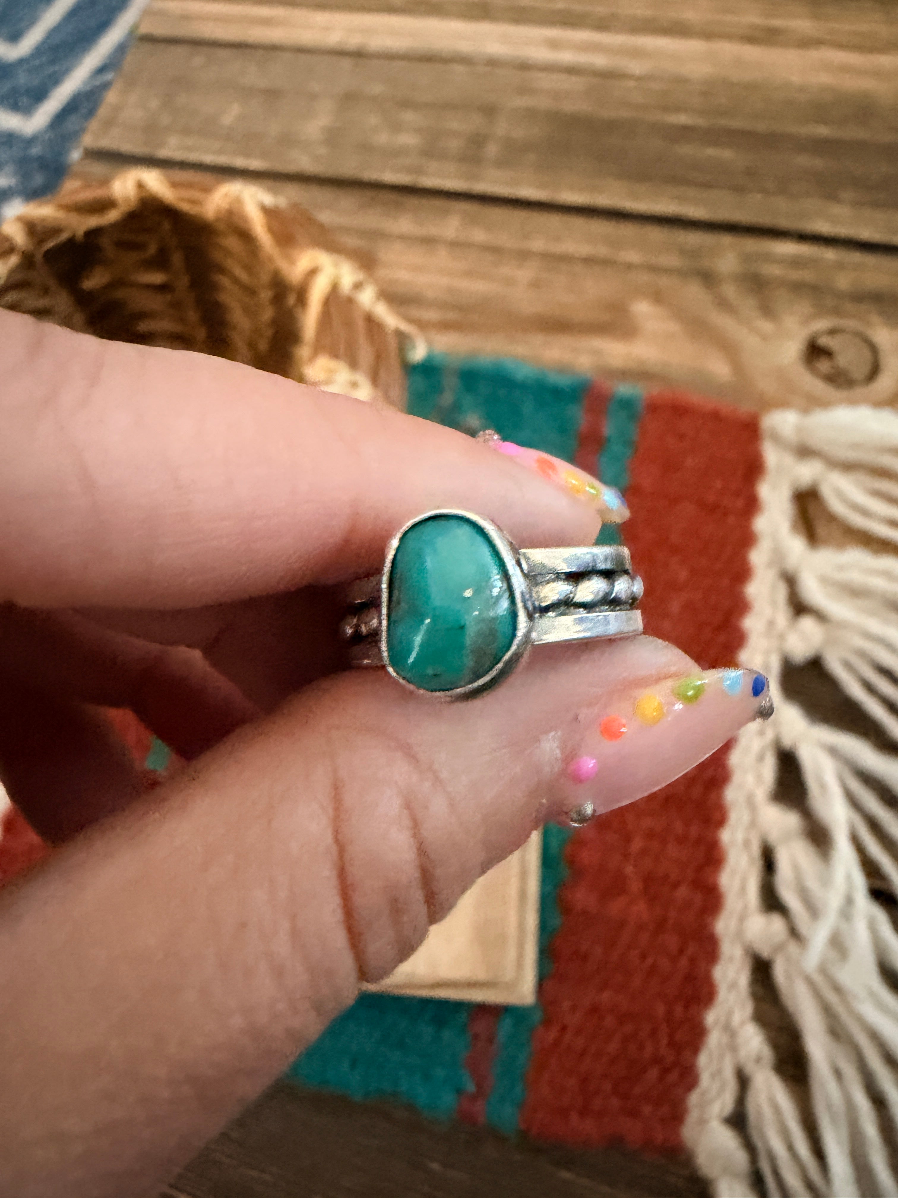 Handcrafted Turquoise & Sterling Silver Band Ring Size 4.5