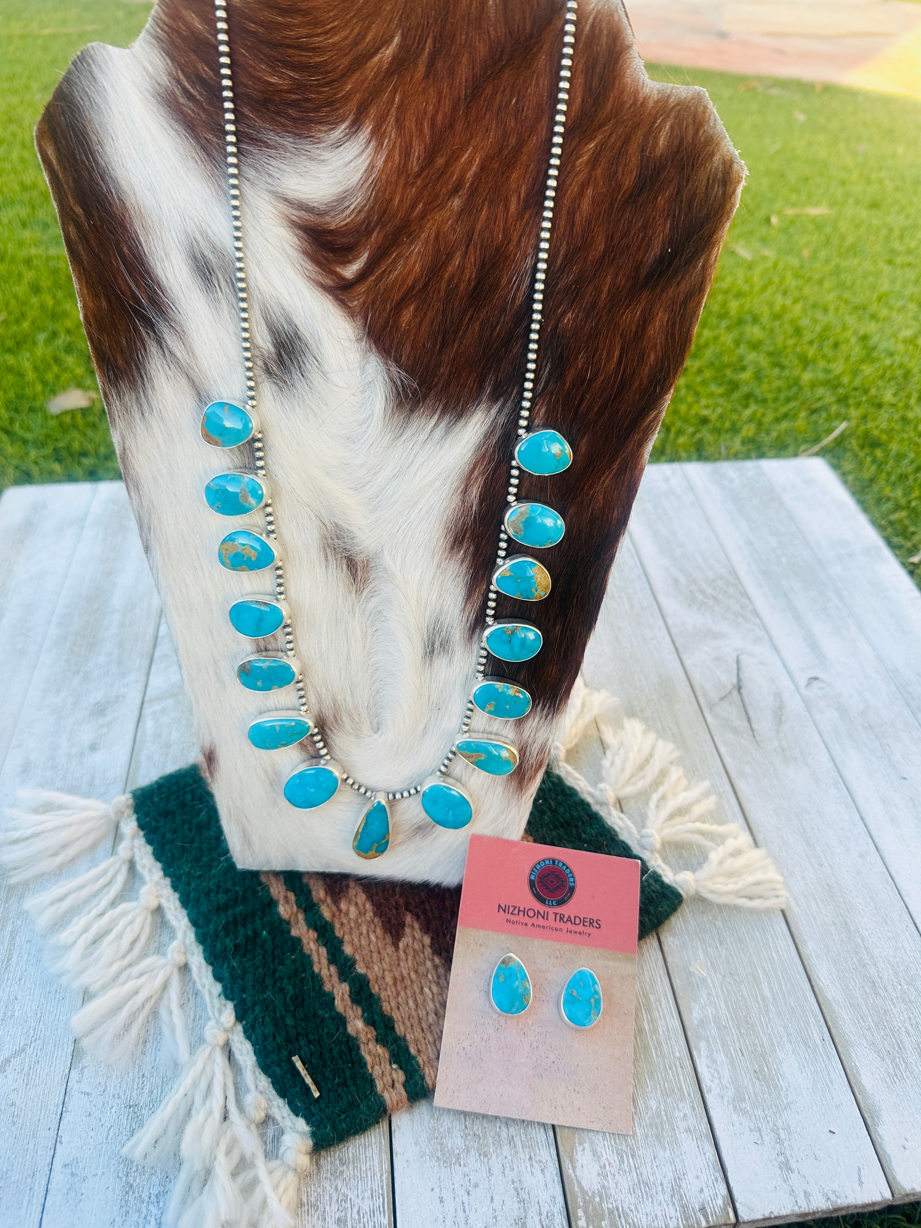 Handcrafted Turquoise & Sterling Silver Necklace and Earring Set
