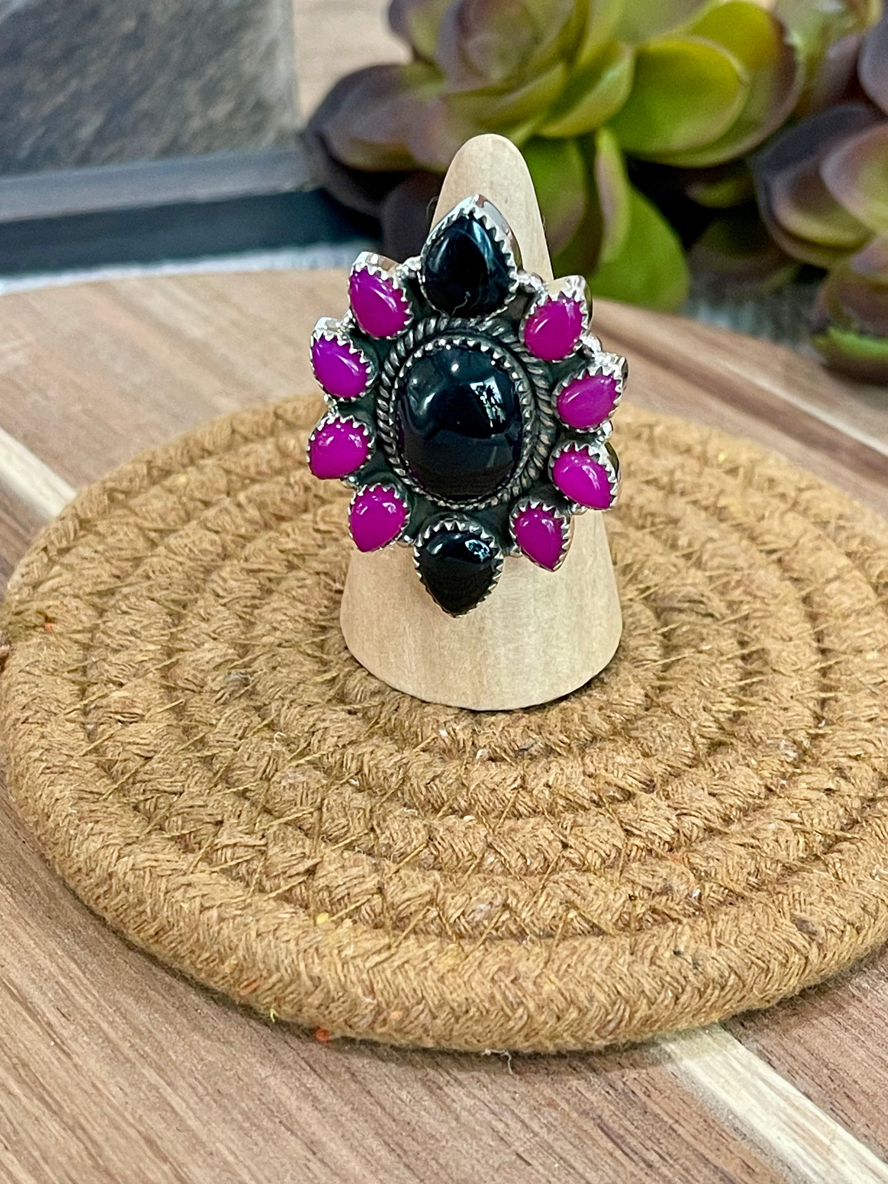 Handmade Sterling Silver, Onyx & Pink Onyx Cluster Adjustable Ring