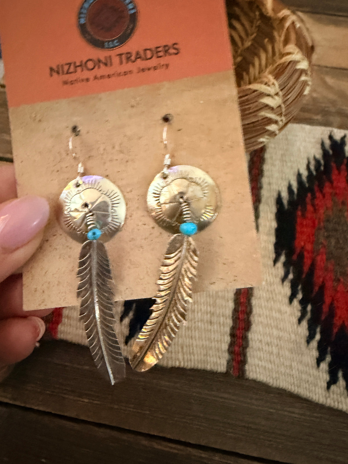 Old Pawn Handcrafted Sterling Silver & Turquoise Feather Dangle Earrings
