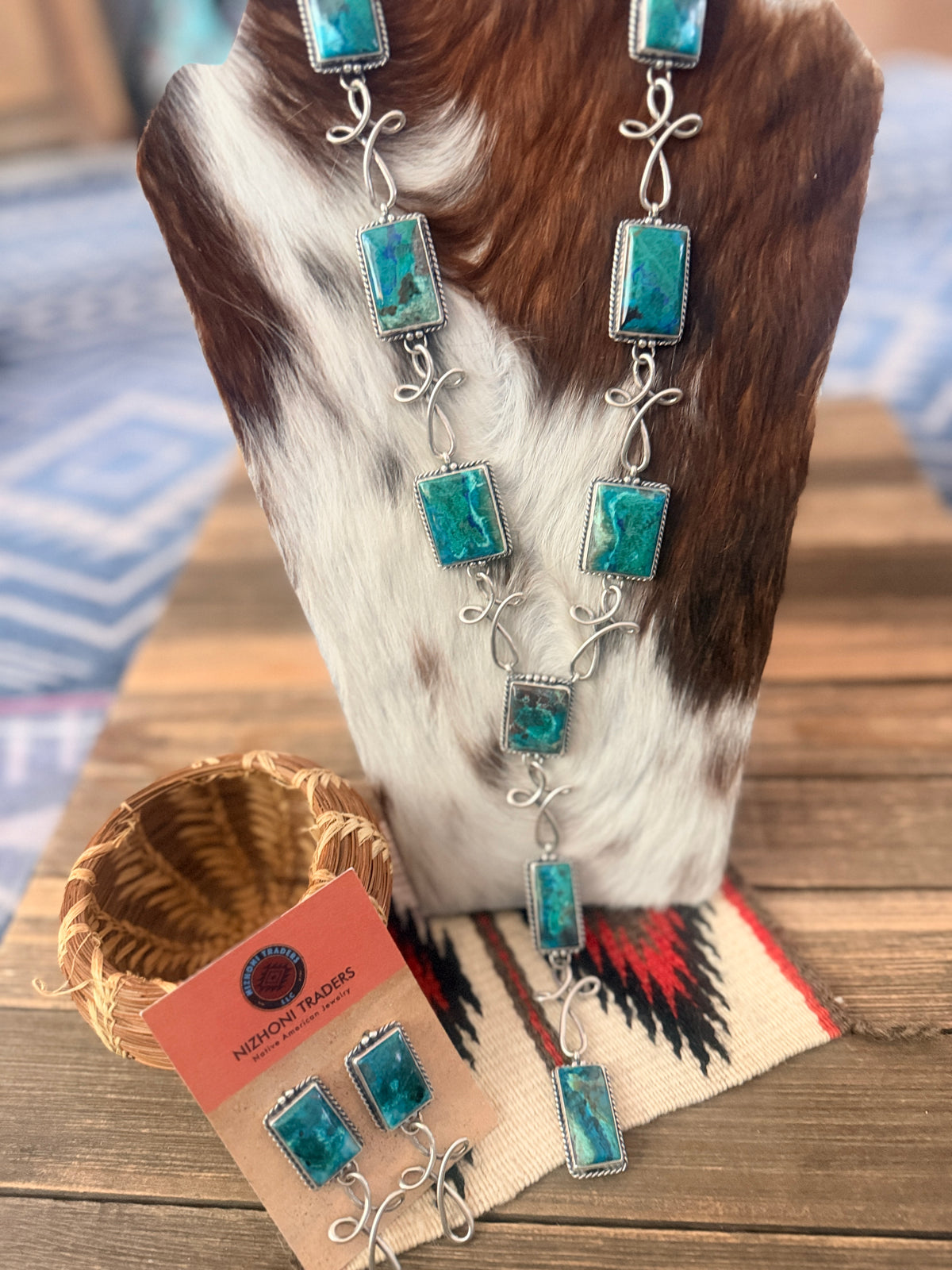 Handcrafted Chrysocolla & Sterling Silver Necklace and Earring Set by Larry Kaye