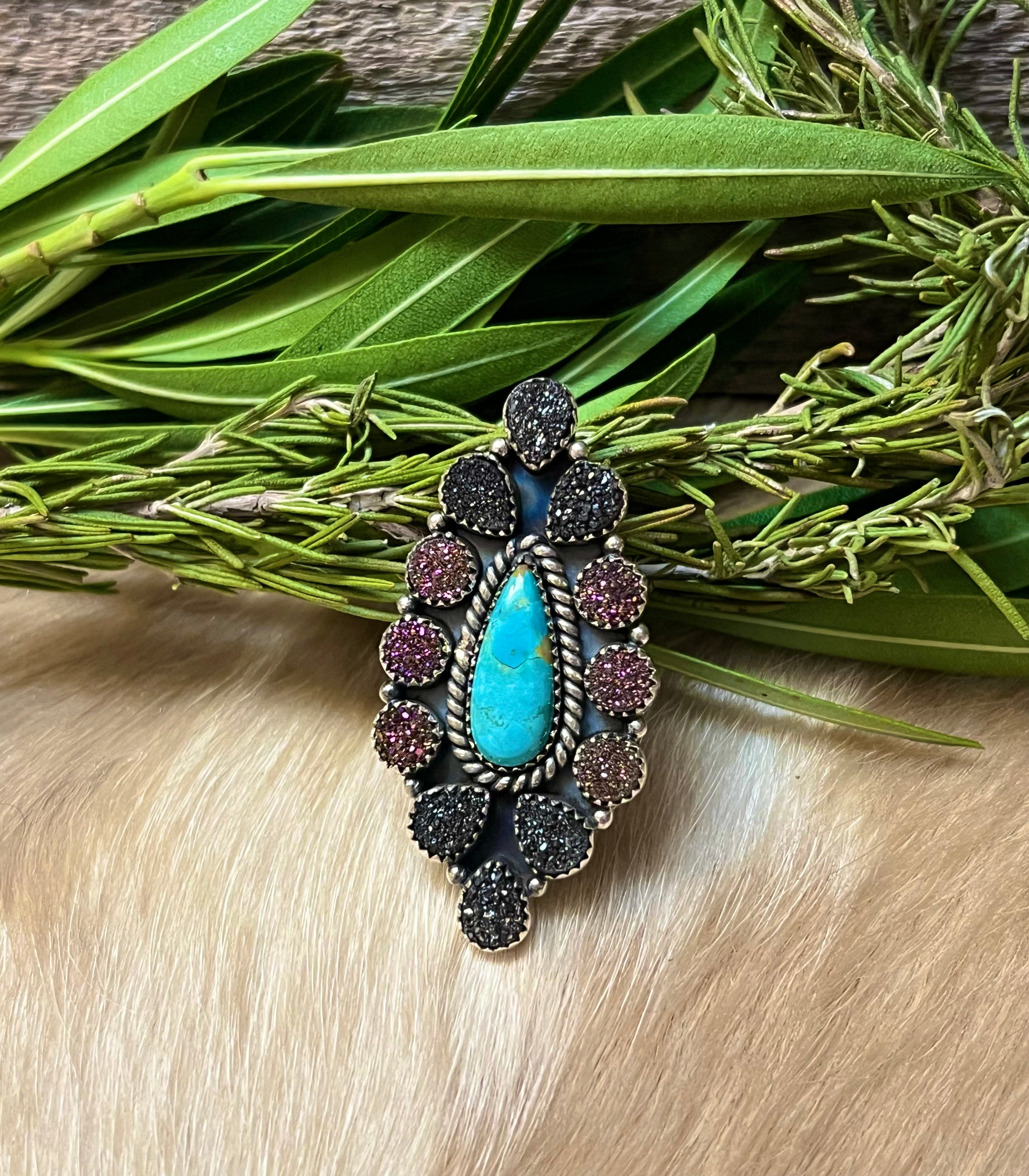 Handmade Sterling Silver Turquoise with Purple & Black Druzy Adjustable Statement Ring