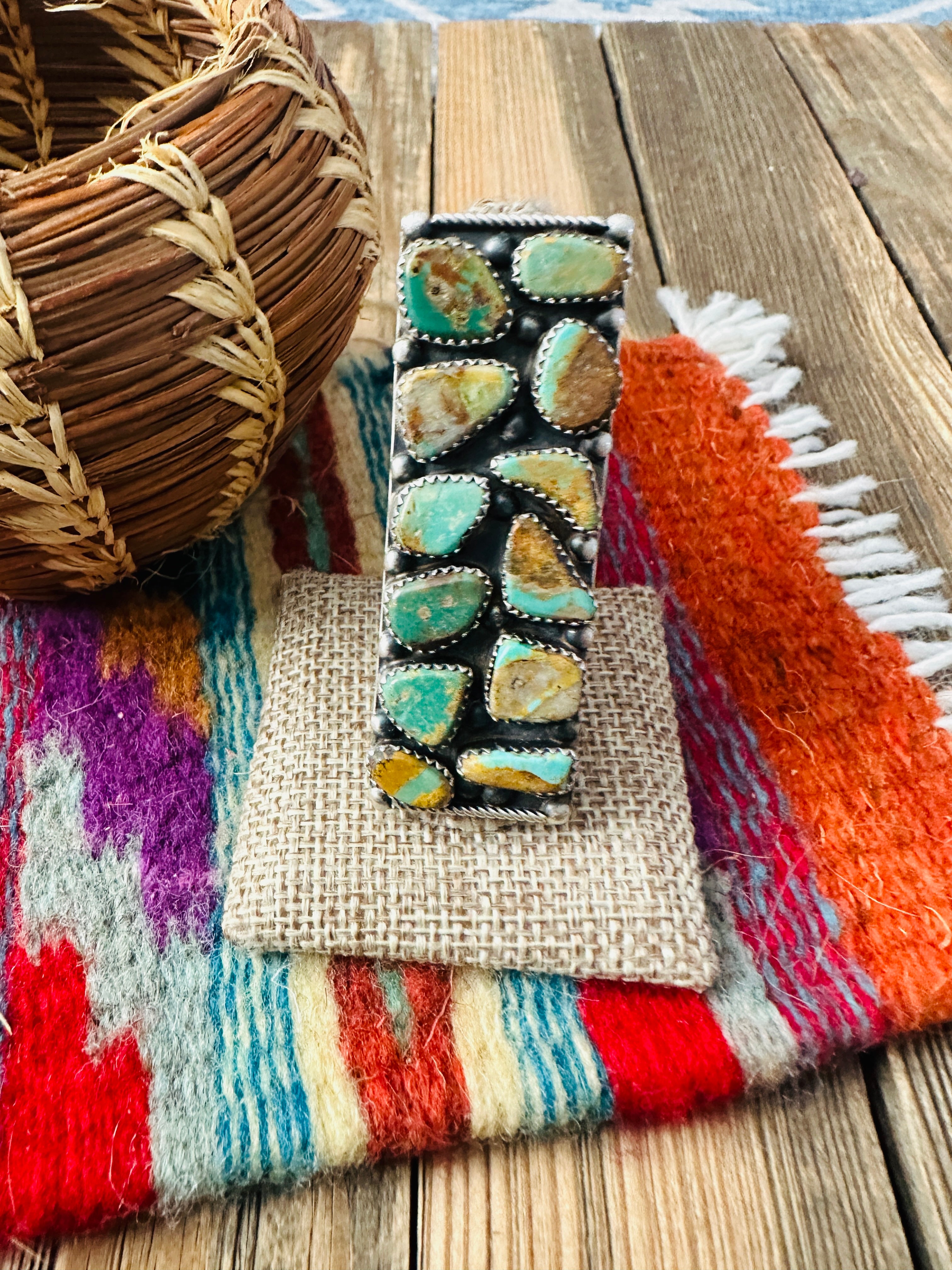 Handcrafted Royston Turquoise Sterling Silver Cluster Adjustable Ring by Jacqueline Silver