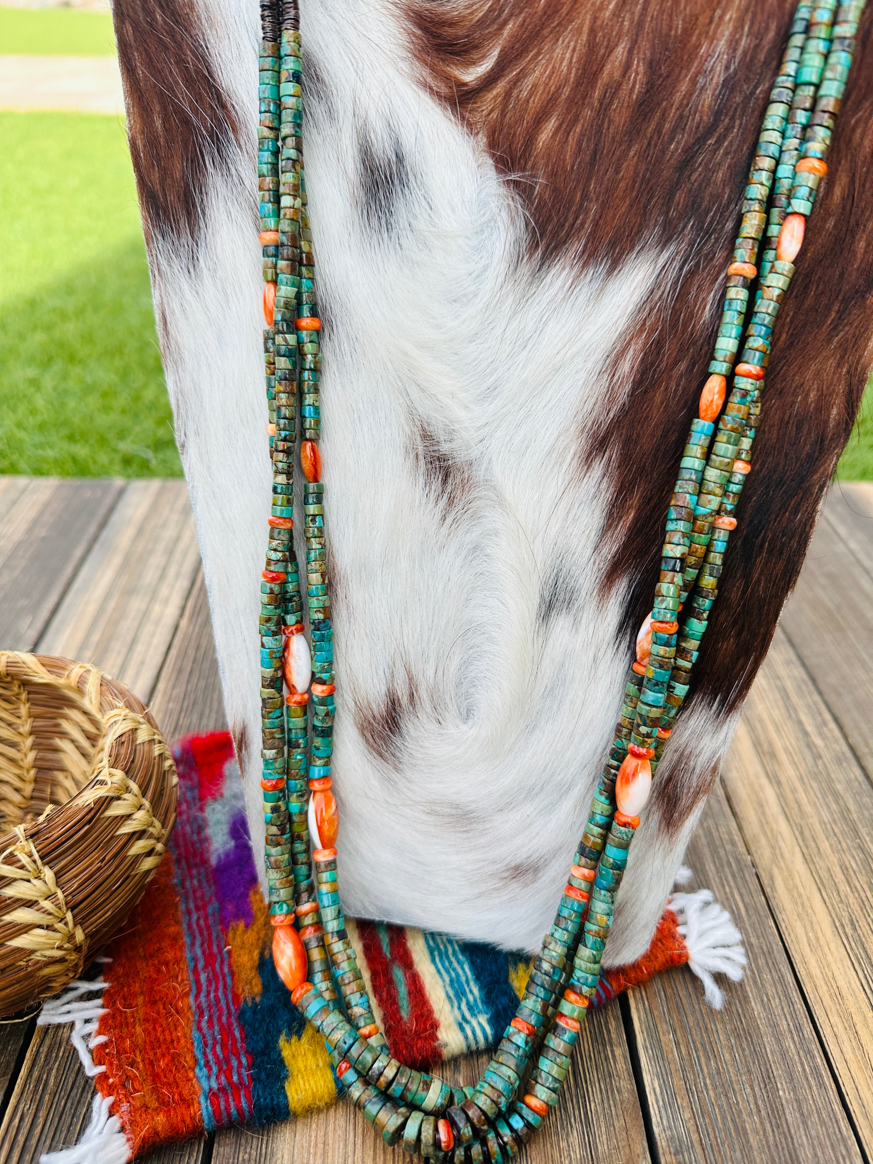 Handcrafted Turquoise, Spiny & Heishi Triple Strand Beaded Necklace