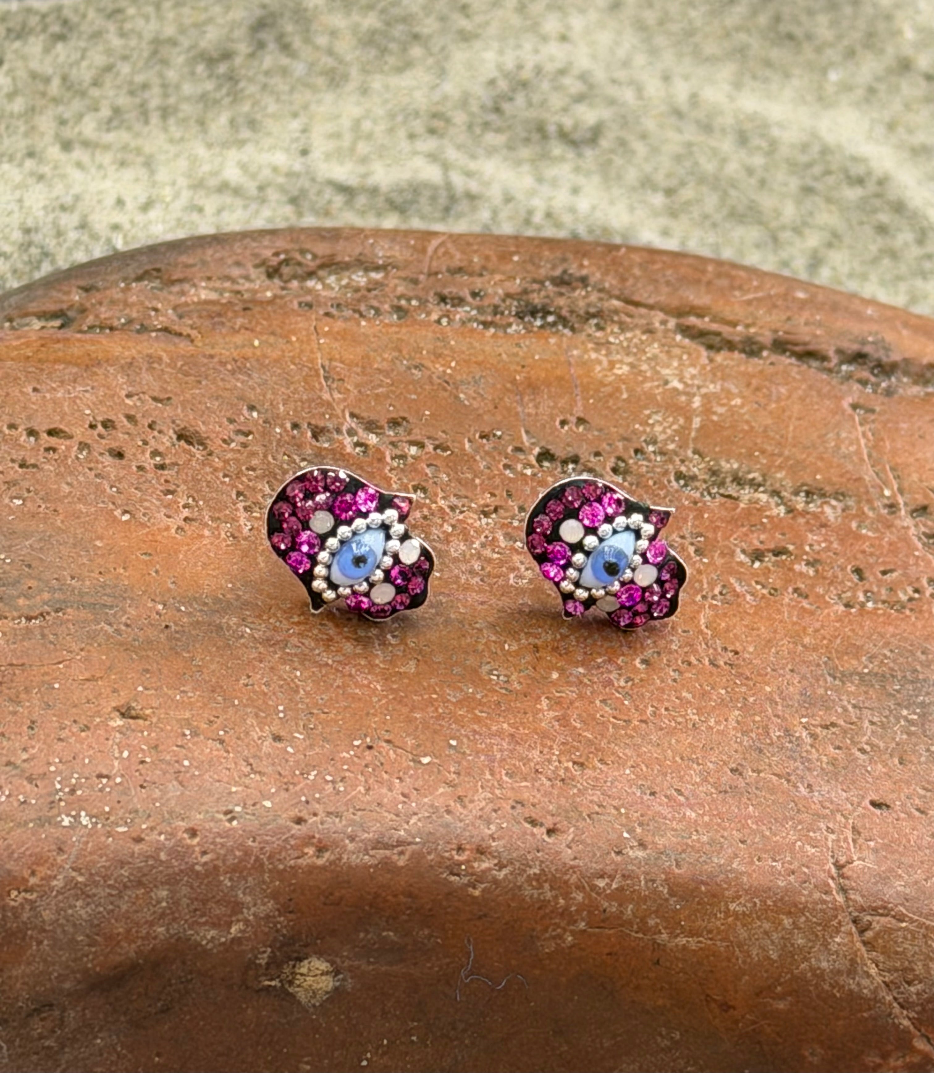 Hamsa Pink Evil Eye Sterling Silver Stud Earrings